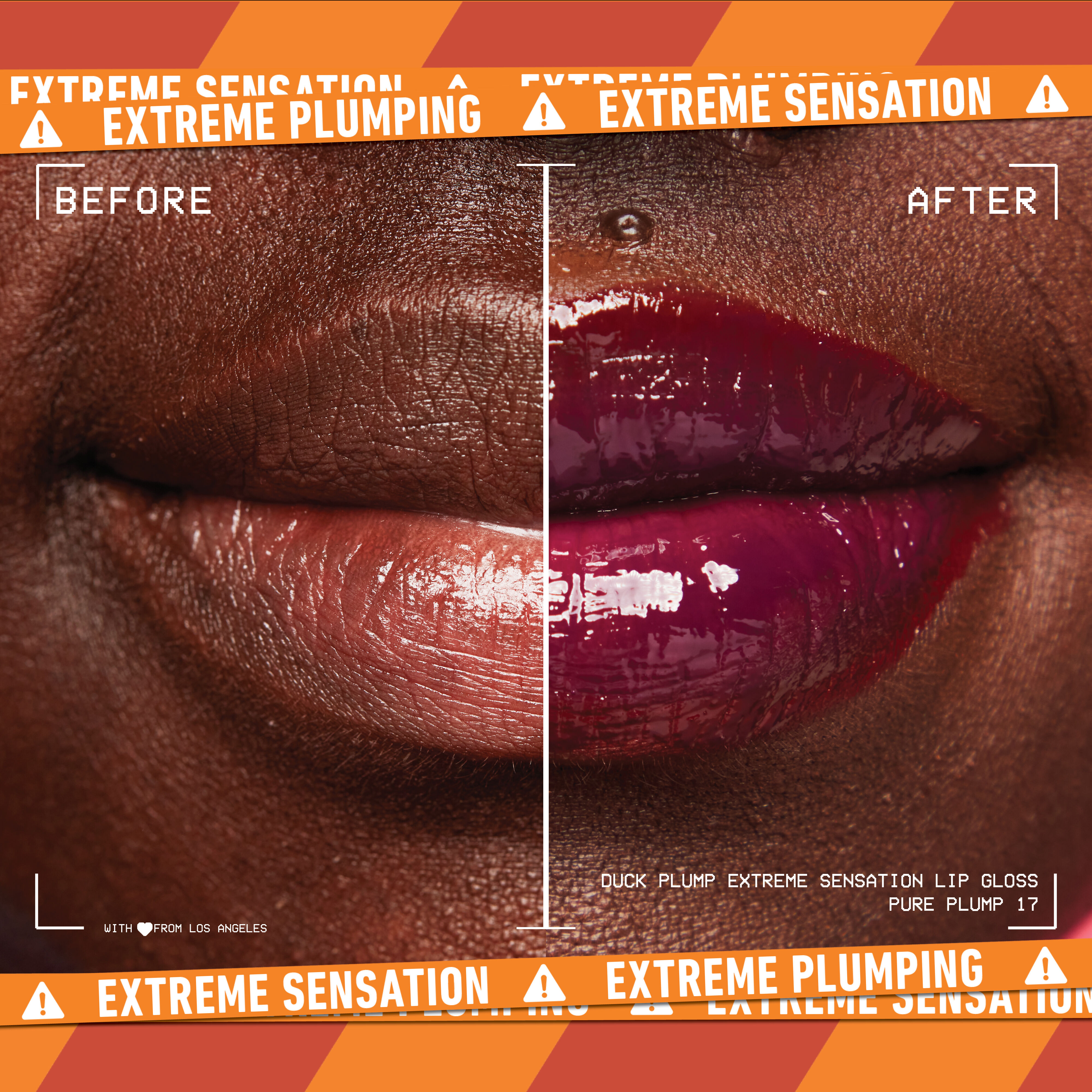 before and after image of lips with Duck Plump Lip Plumping Gloss