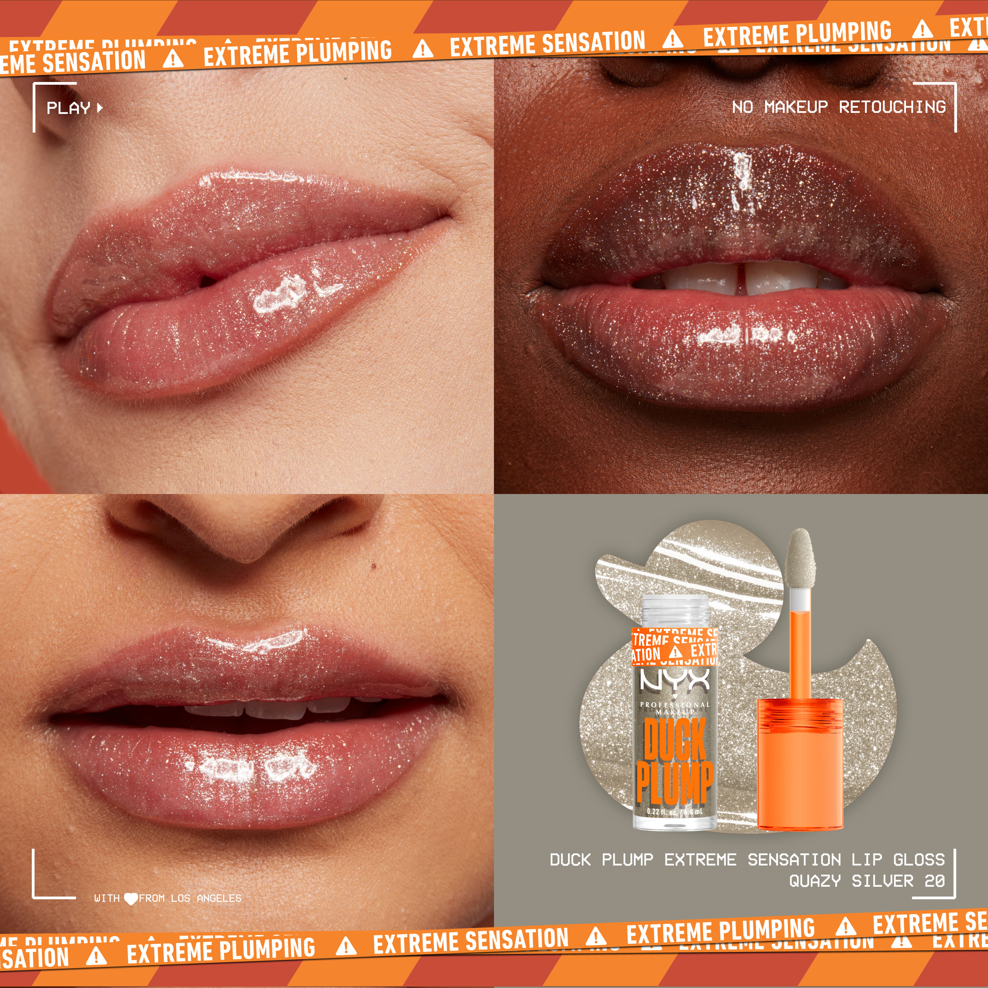 Duck Plump Lip Plumping Gloss glitter holographic lip gloss on three different pairs of lips