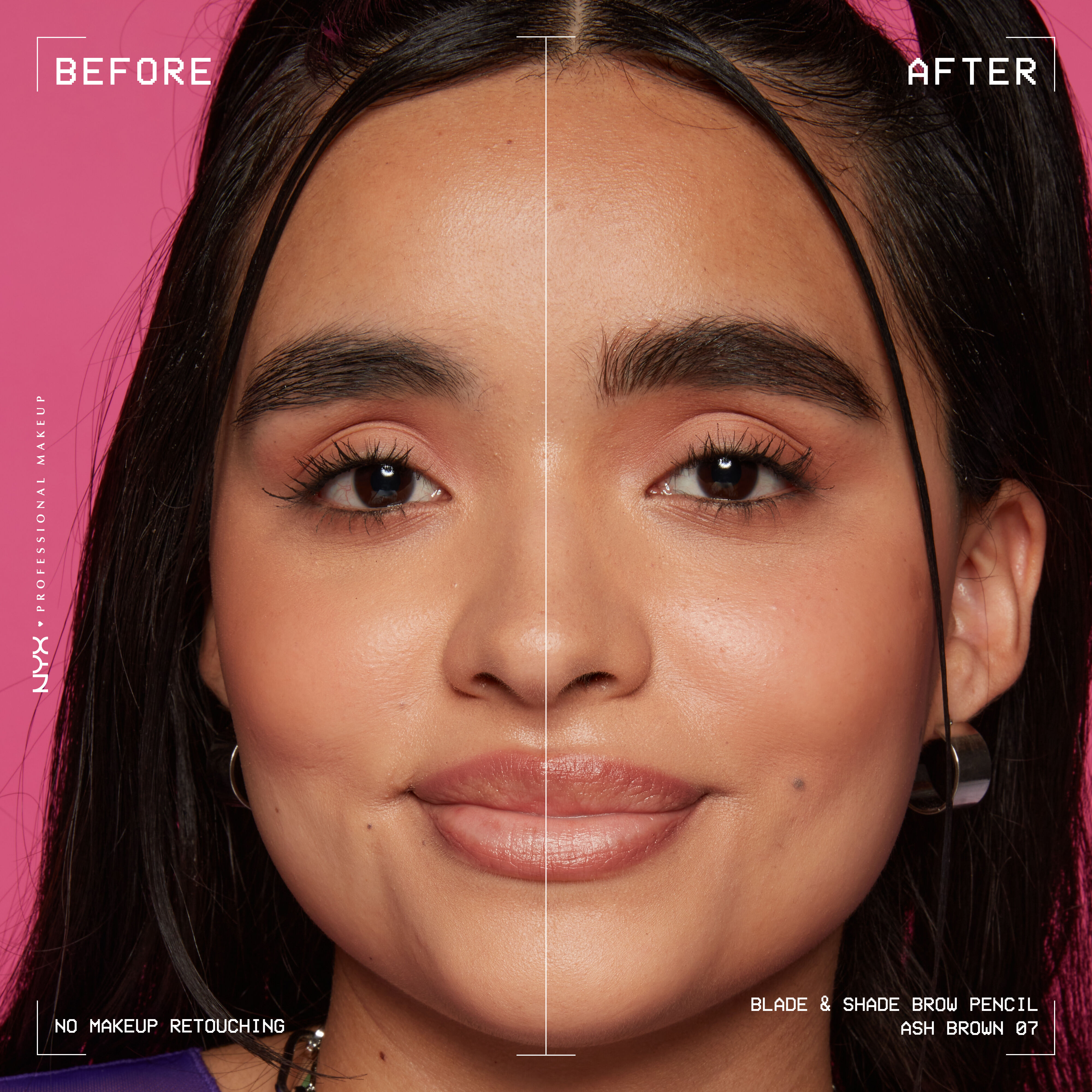 woman facing forward showing before and after of Blade & Shade Nano Brow Pencil on eyebrows