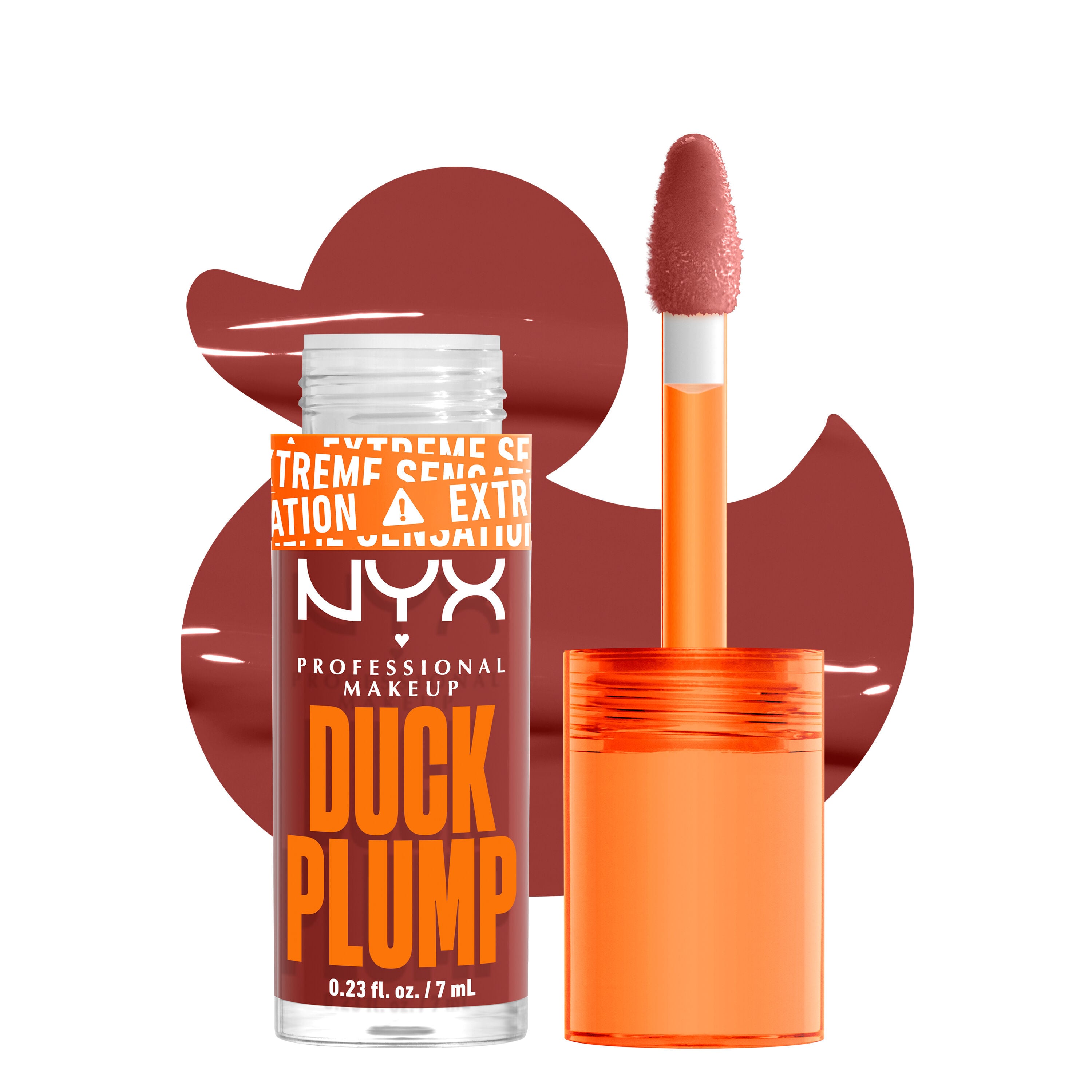 Duck Plump lip gloss bottle and applicator with duck cutout background