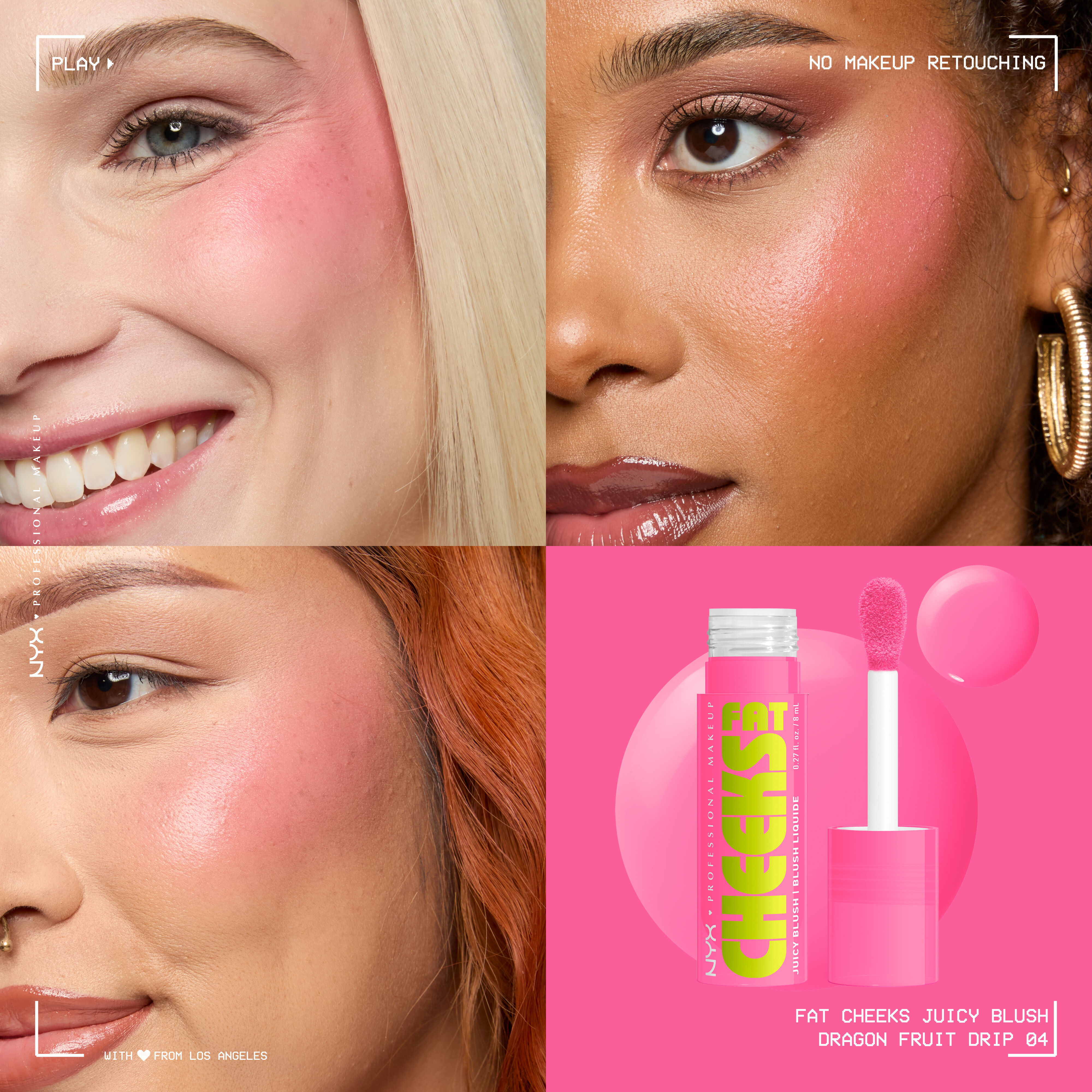 Fat Cheeks Juicy Blush liquid blush in shade Dragon Fruit Drip on three different models along with packshot of blush