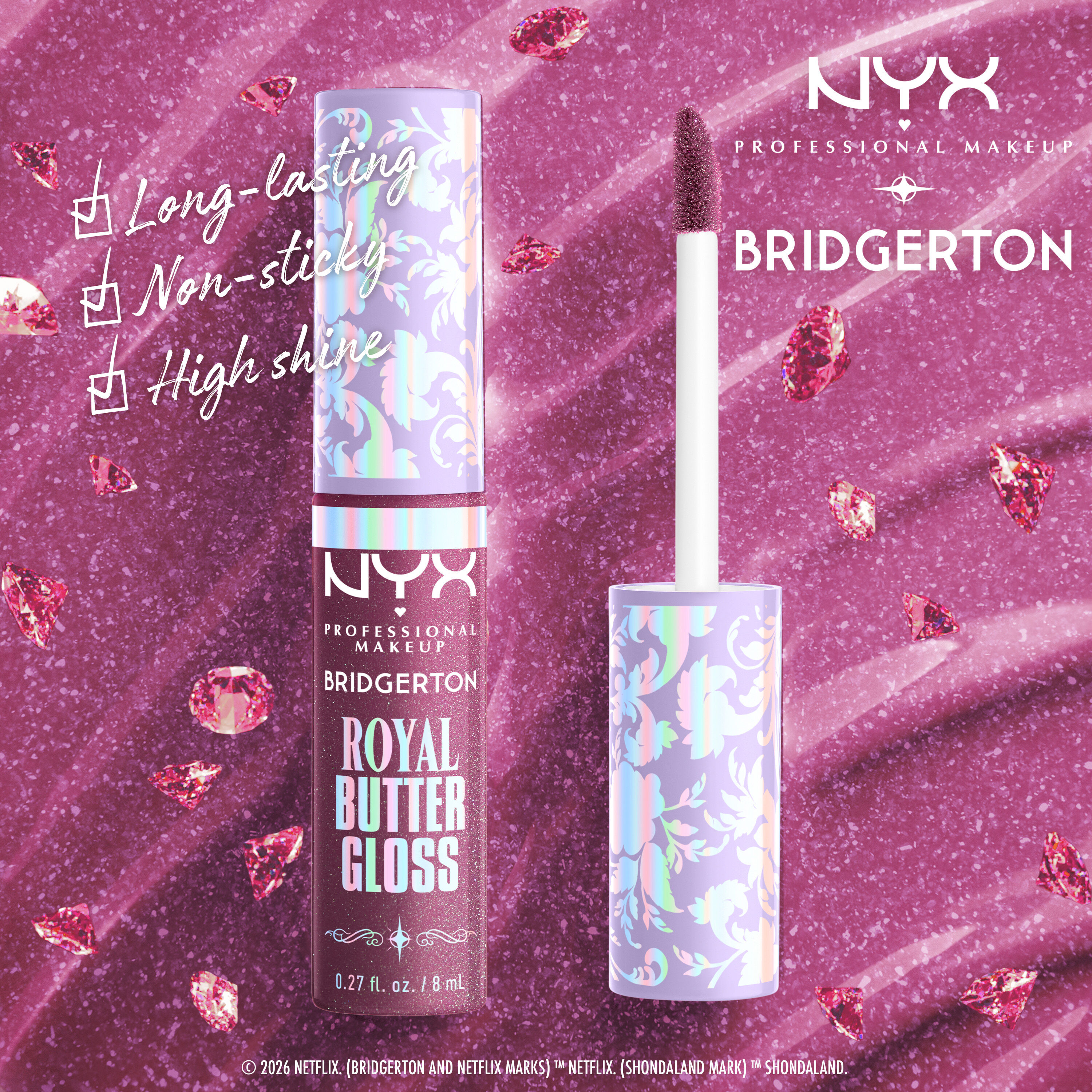 NYX Royal Butter Gloss displayed with applicator wand, highlighting benefits like long-lasting, non-sticky, and high shine in shade Amethyst Amour, Cupid's Secret