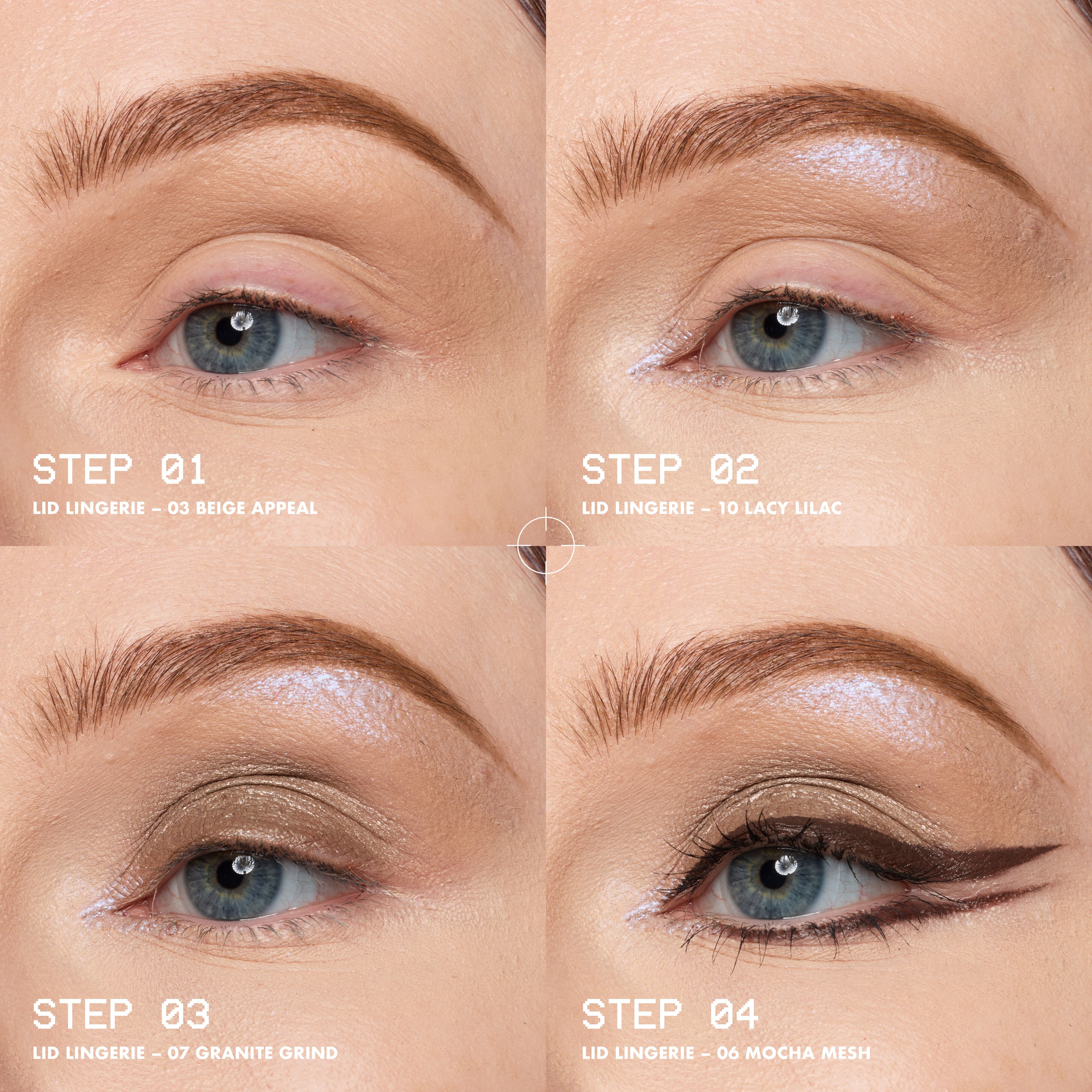 Four-step Lid Lingerie eye look on a fair-skinned model: 03 Beige Appeal contoured into the crease, 10 Lacy Lilac on the brow bone, 07 Granite Grind across the lid, and 06 Mocha Mesh drawn into a graphic liner.