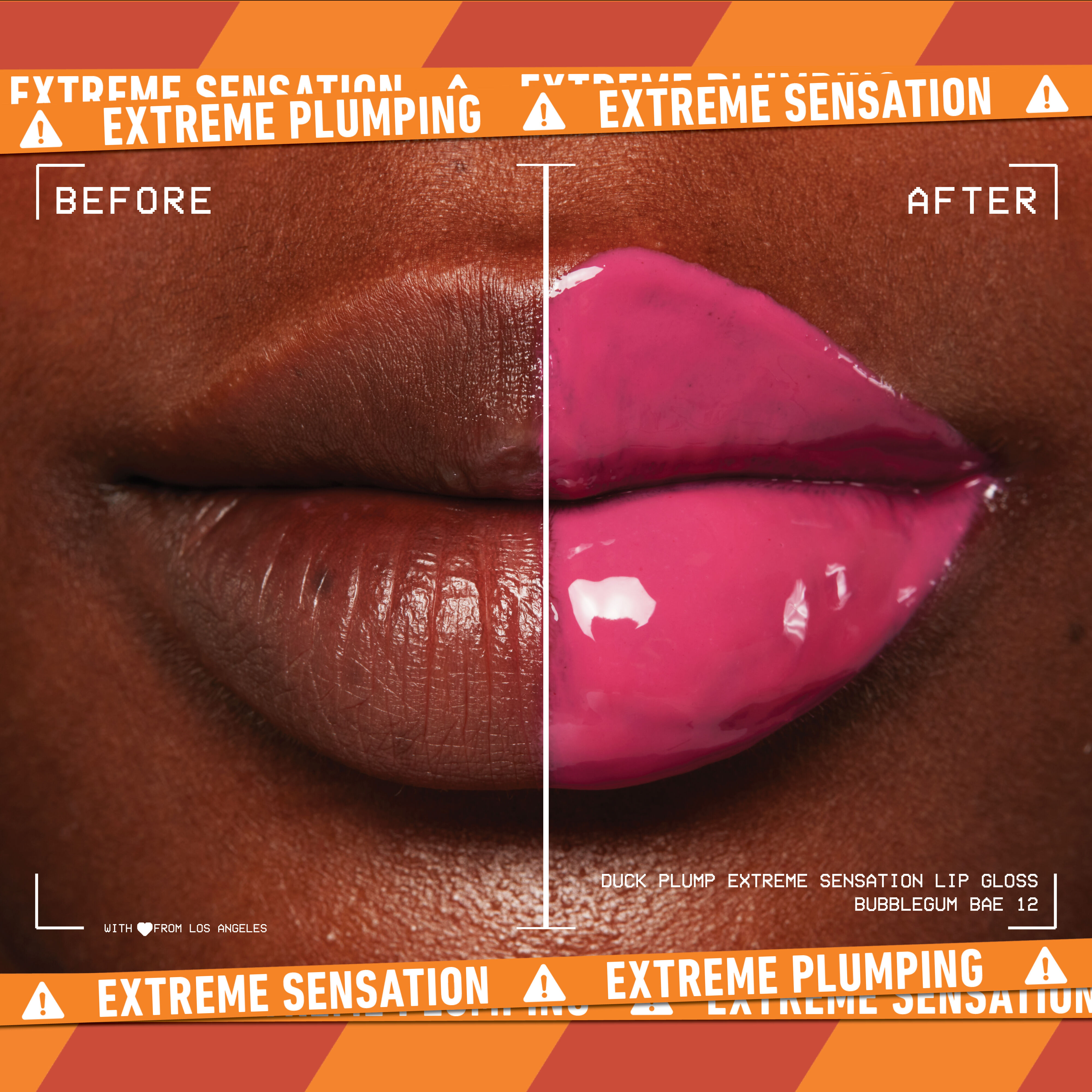 before and after image of lips with Duck Plump Lip Plumping Gloss