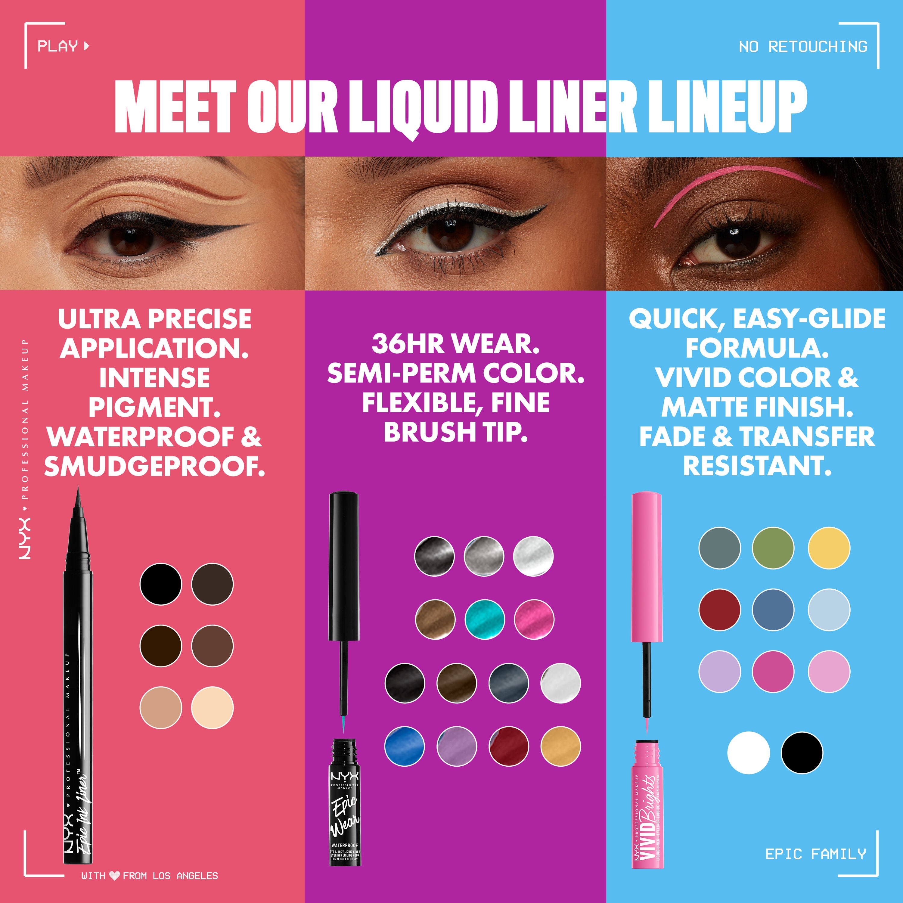 Collage showcasing three NYX Cosmetics liquid liner products & available shades for each, plus benefits for each product