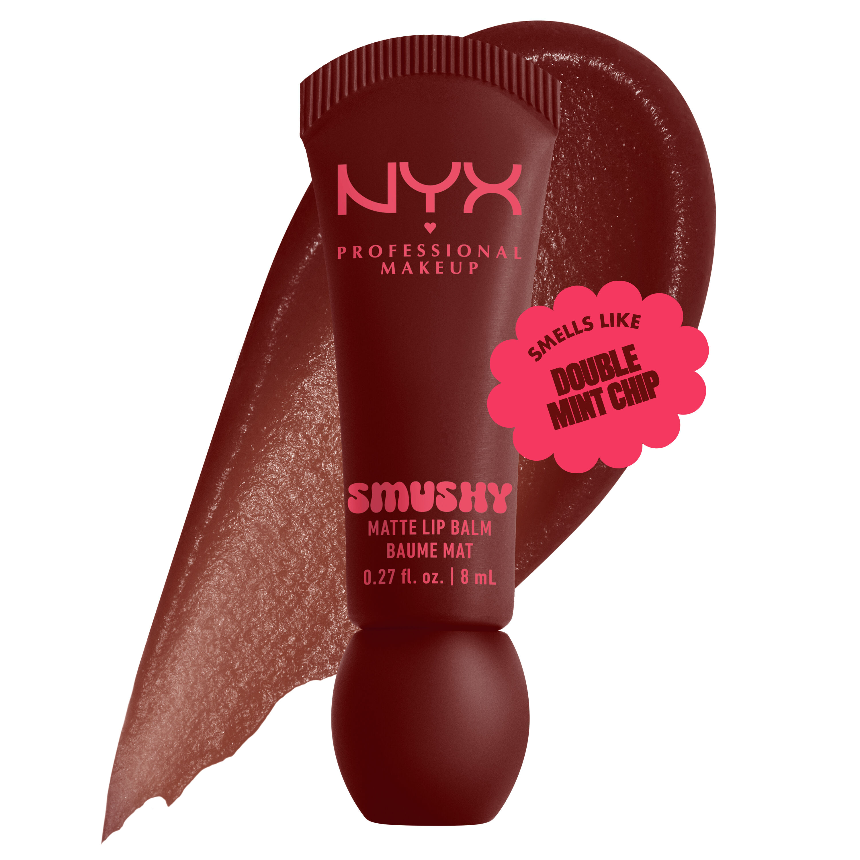 Smushy Matte Lip Balm in chocolate brown shade, Smudge Fudge, on white background with lip balm color swatch