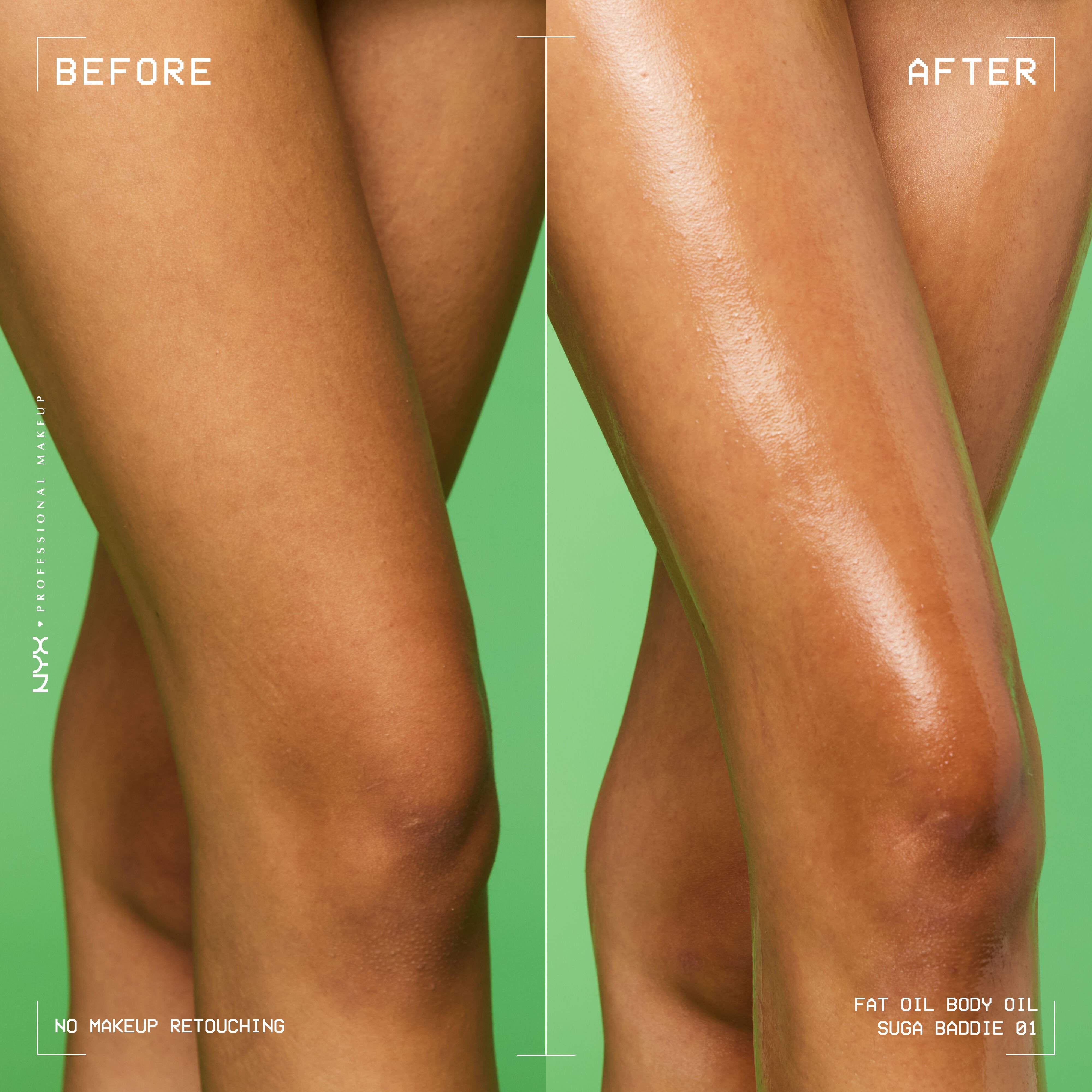 Close-up of model's legs before and after body oil application on lime green background. After shows high-shine finish on model's skin. 