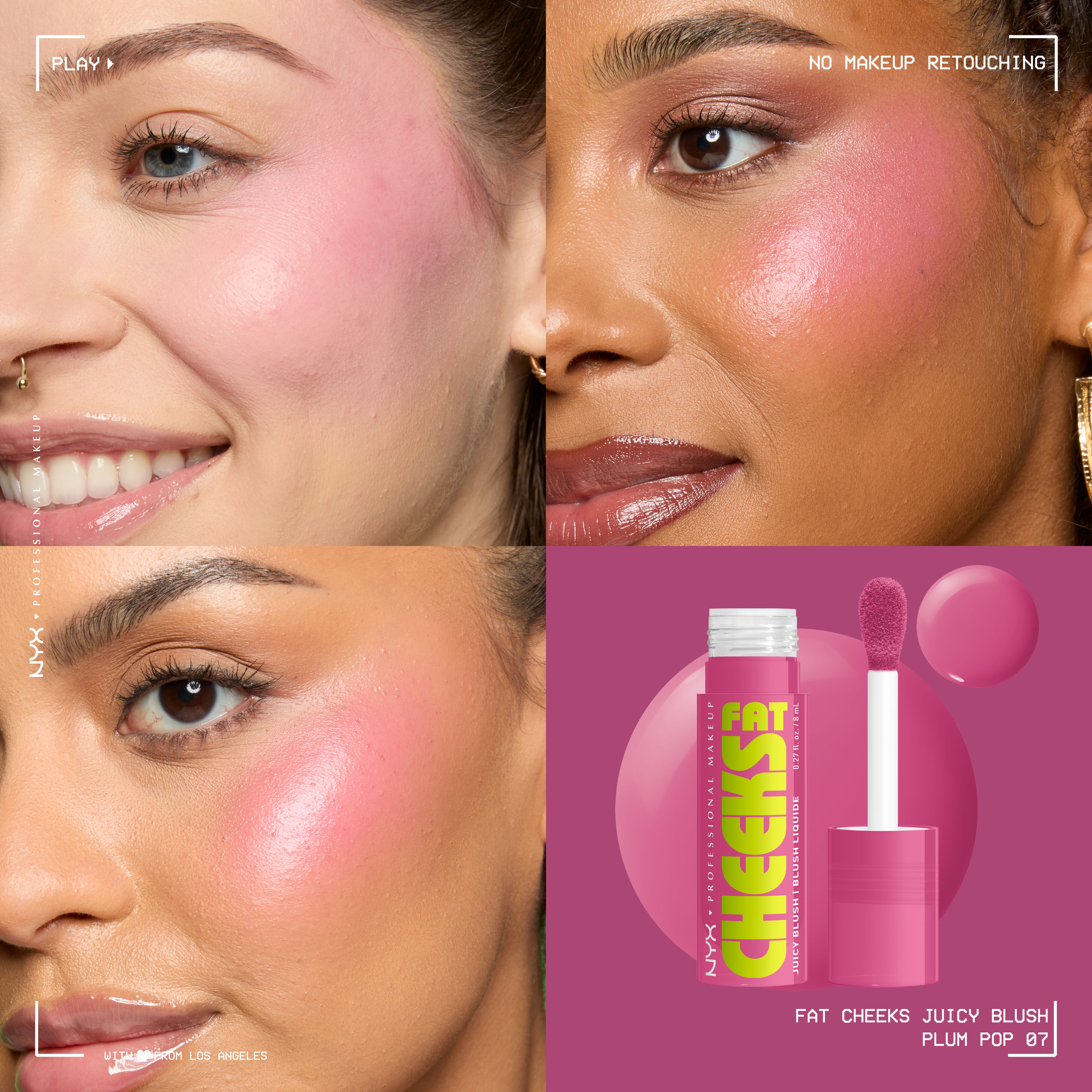 Fat Cheeks Juicy Blush liquid blush in shade Plum Pop on three different models along with packshot of blush