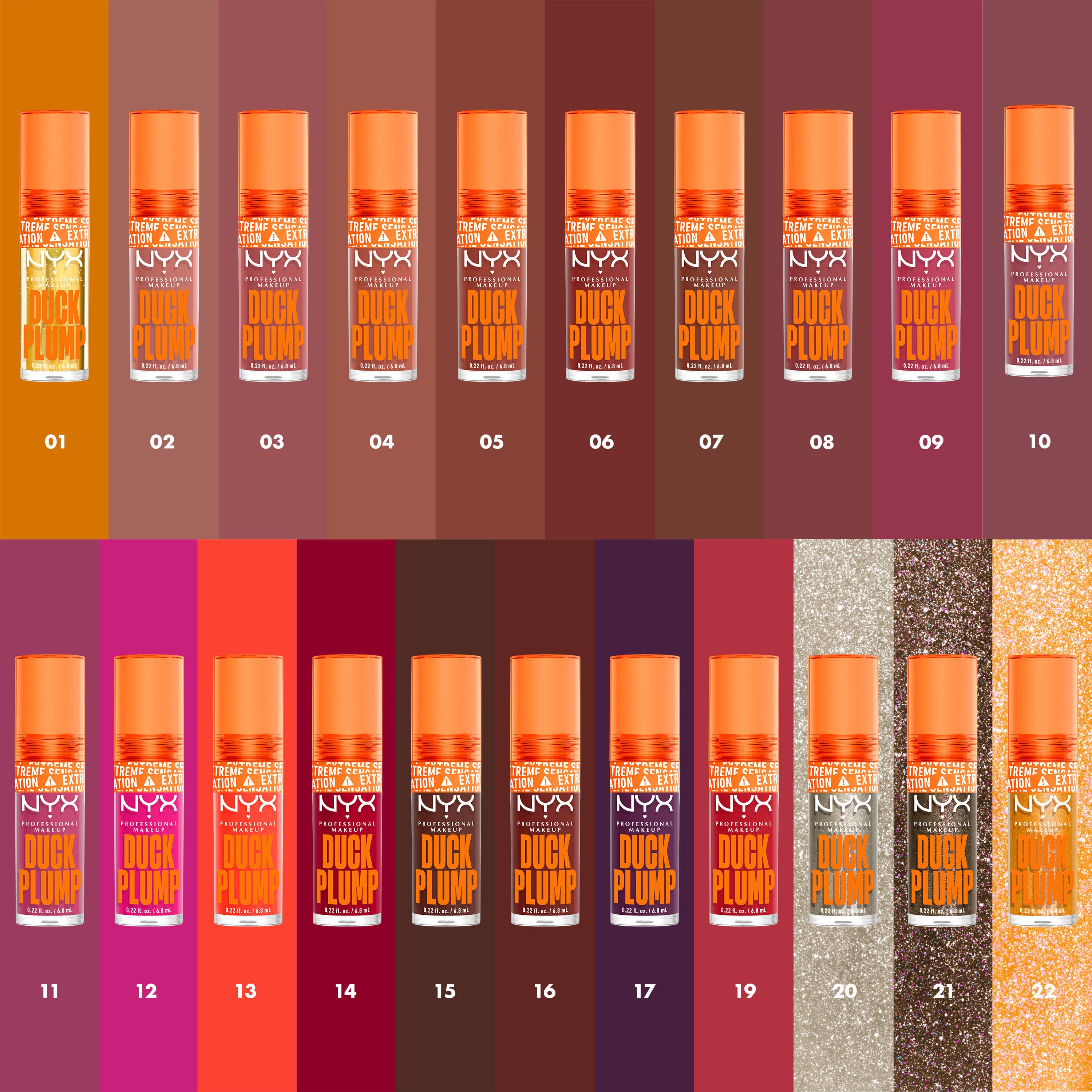 all 22 shades of Duck Plump Lip Plumping Gloss from clear to holographic with color swatches