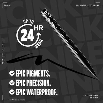 Epic Ink Liquid Liner Pen in black with text saying "Up to 24 HR wear. Epic Pigments. Epic Precision. Epic Waterproof"
