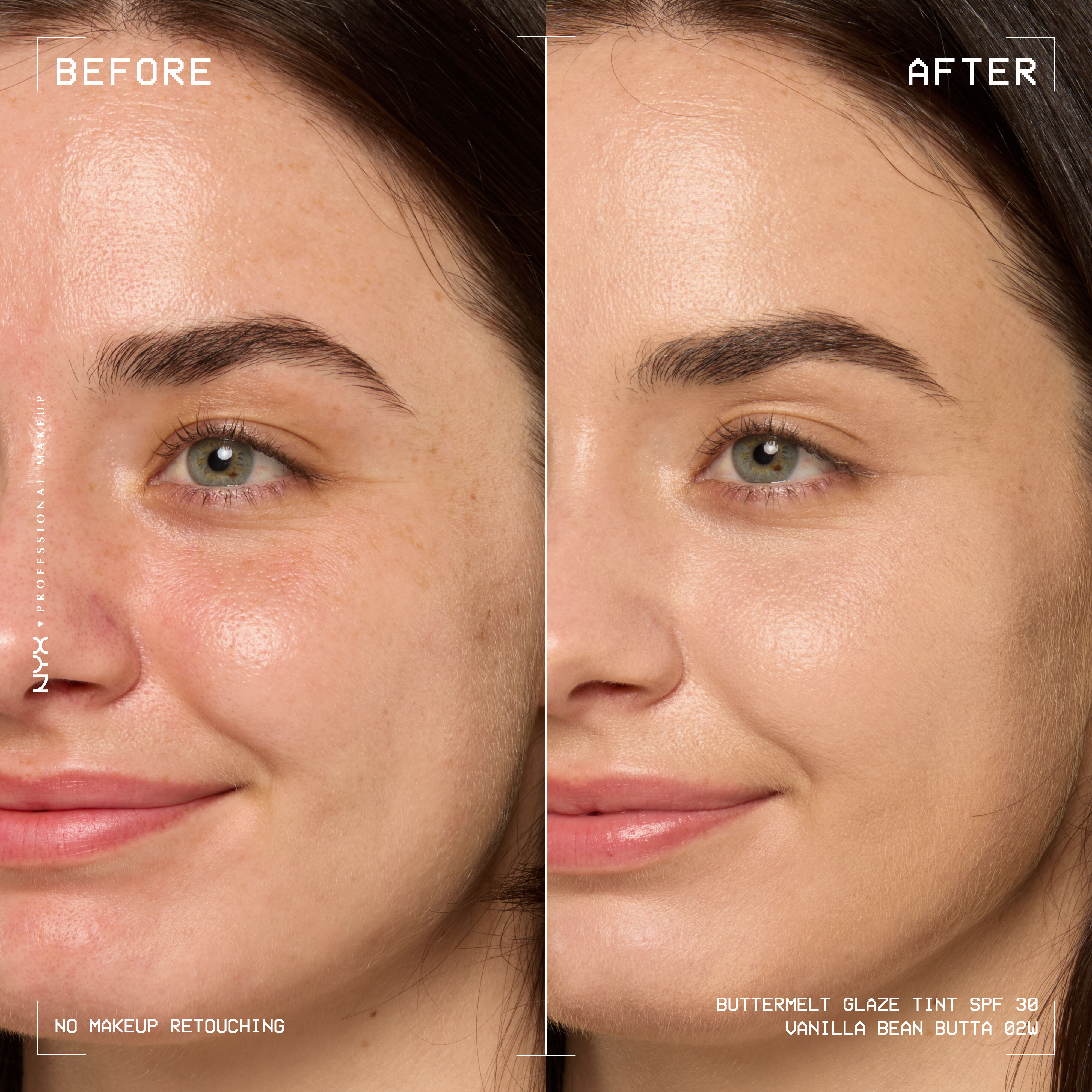 before and after images of person wearing Buttermelt Glaze Skin Tint with SPF 30
