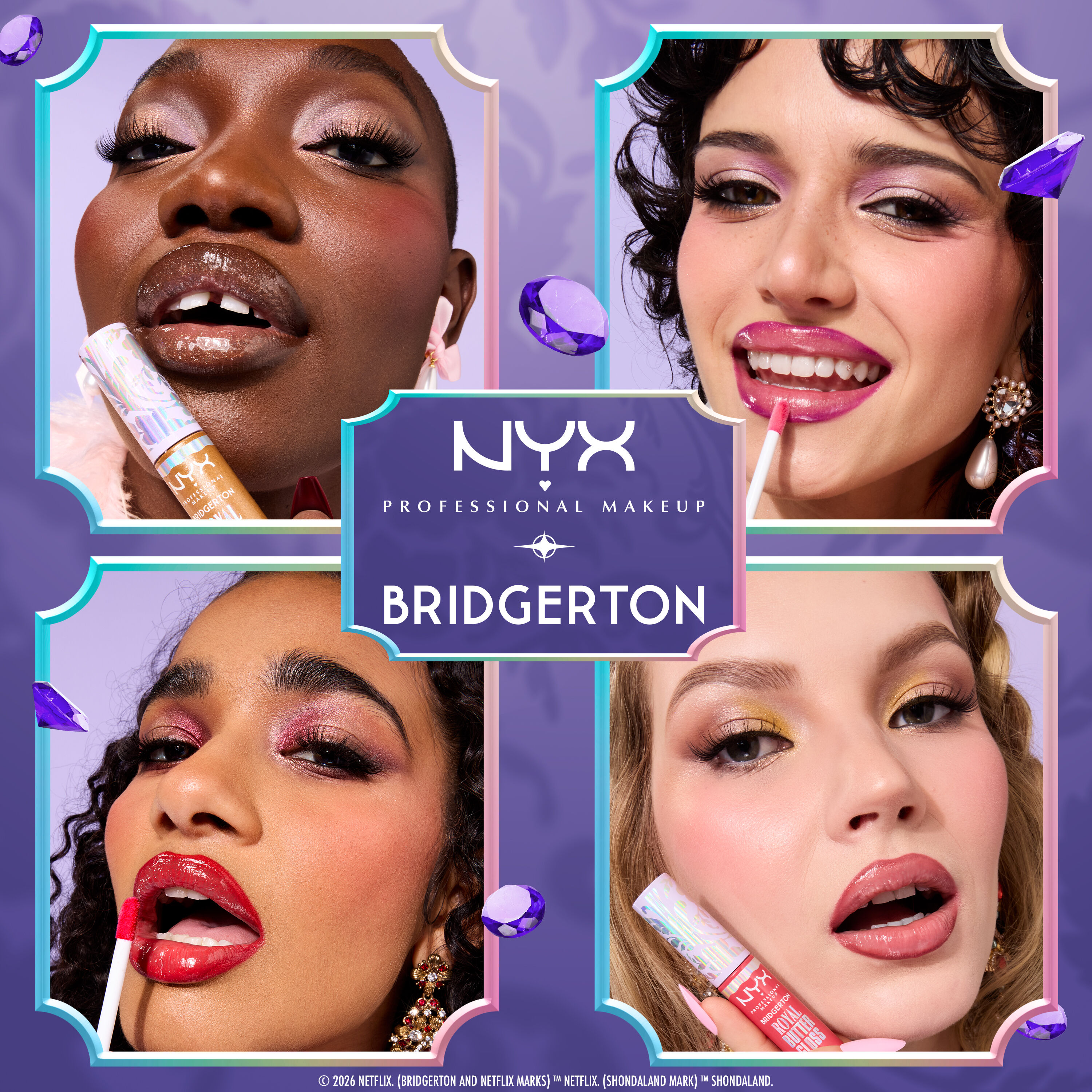 NYX Professional Makeup Bridgerton beauty visuals featuring product packs and decorative purple elements, excluding any faces.