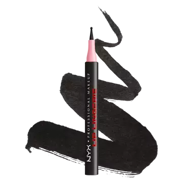 NYX Professional Makeup Lip Lingerie Lip Liner Stain in shade 13 Tied Up, upright pen with pink applicator cap over black lip liner swatches on a white background.