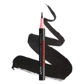 NYX Professional Makeup Lip Lingerie Lip Liner Stain in shade 13 Tied Up, upright pen with pink applicator cap over black lip liner swatches on a white background.