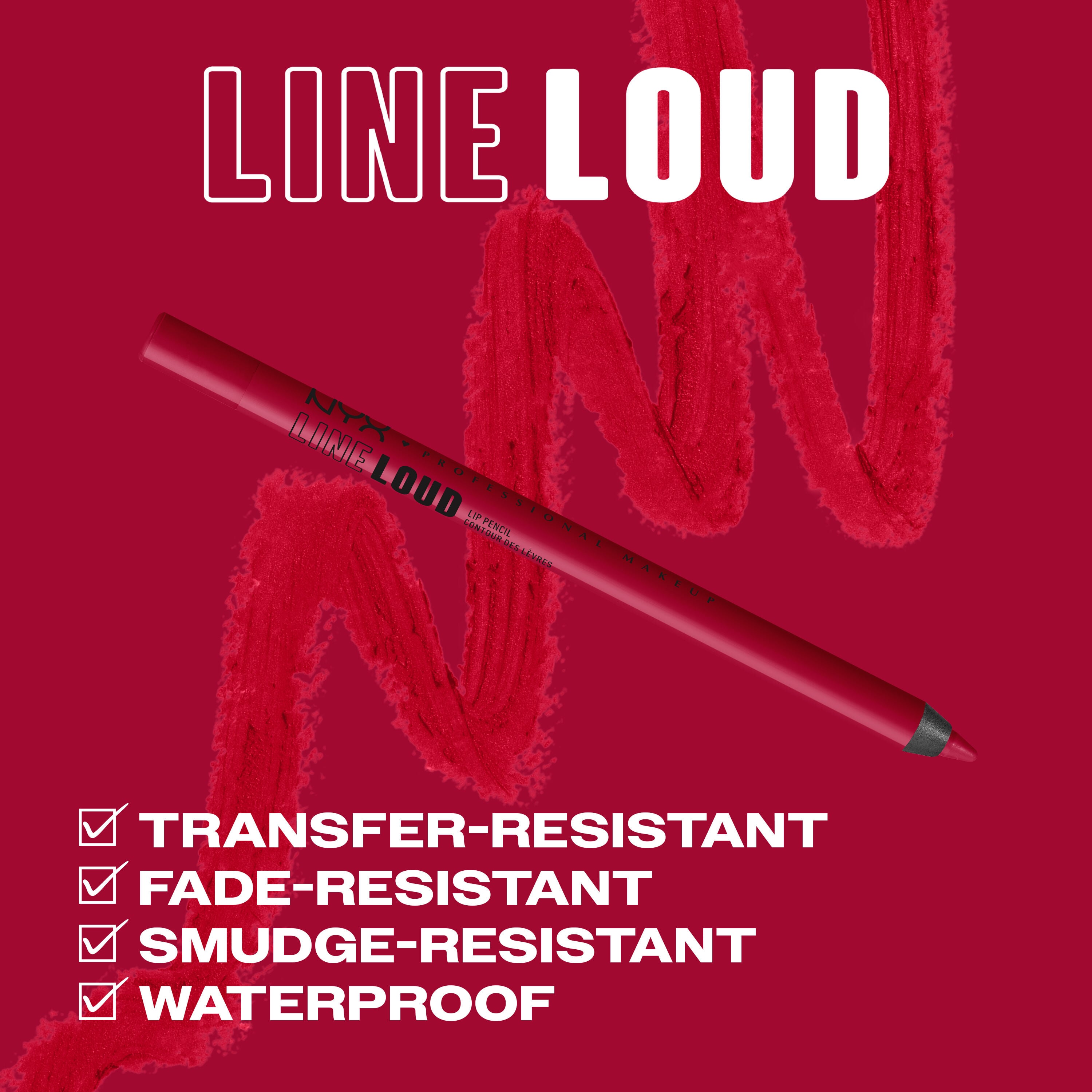NYX Professional Makeup Line Loud Lip Liner in 12 On A Mission shown with transfer-resistant, fade-resistant, smudge-resistant and waterproof benefits.