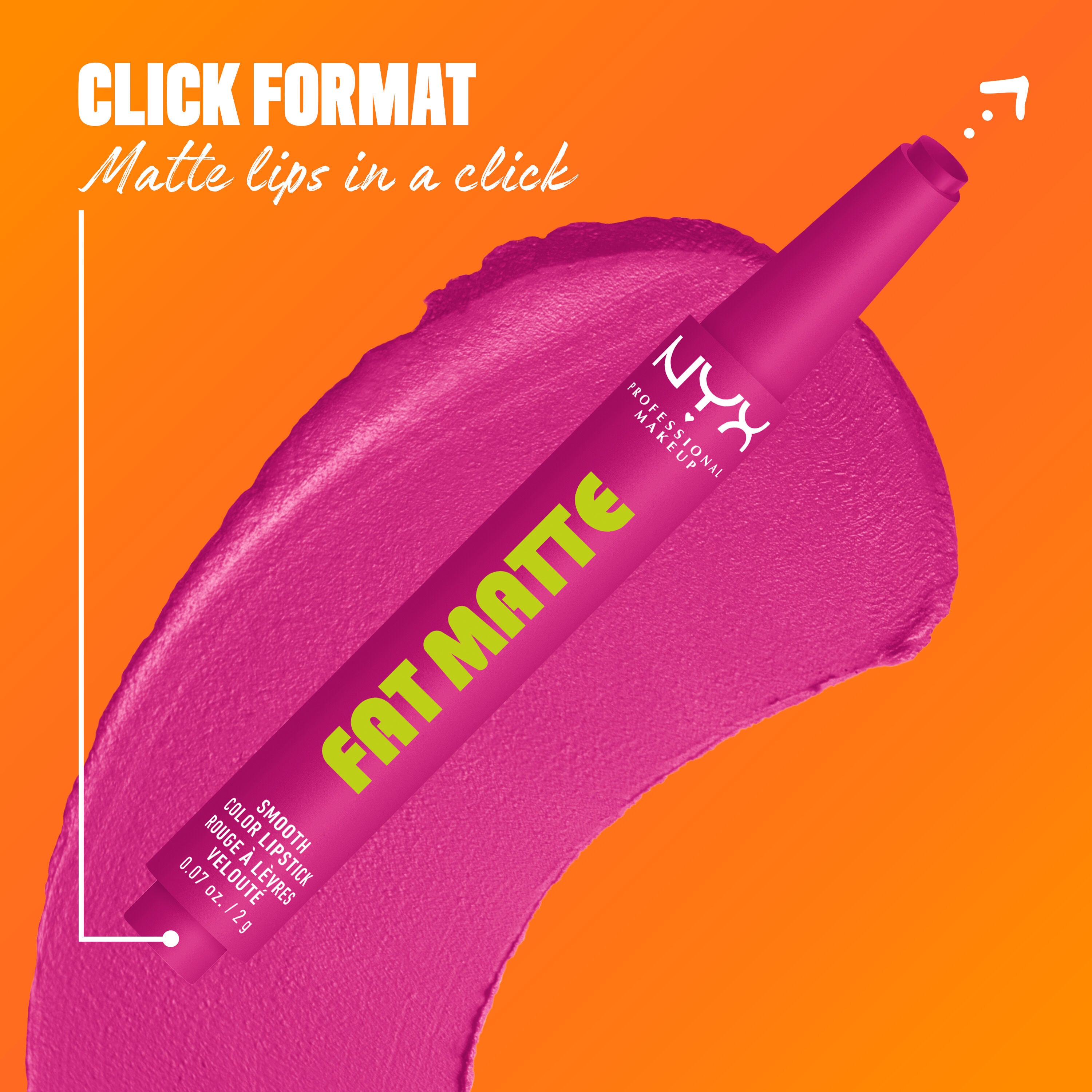 NYX Professional Makeup Fat Matte Smooth Color Lipstick in fuchsia shade Fluffy Fuchsia, showing the click-pen applicator format and shade swatch, highlighting easy, mess-free matte lipstick application.