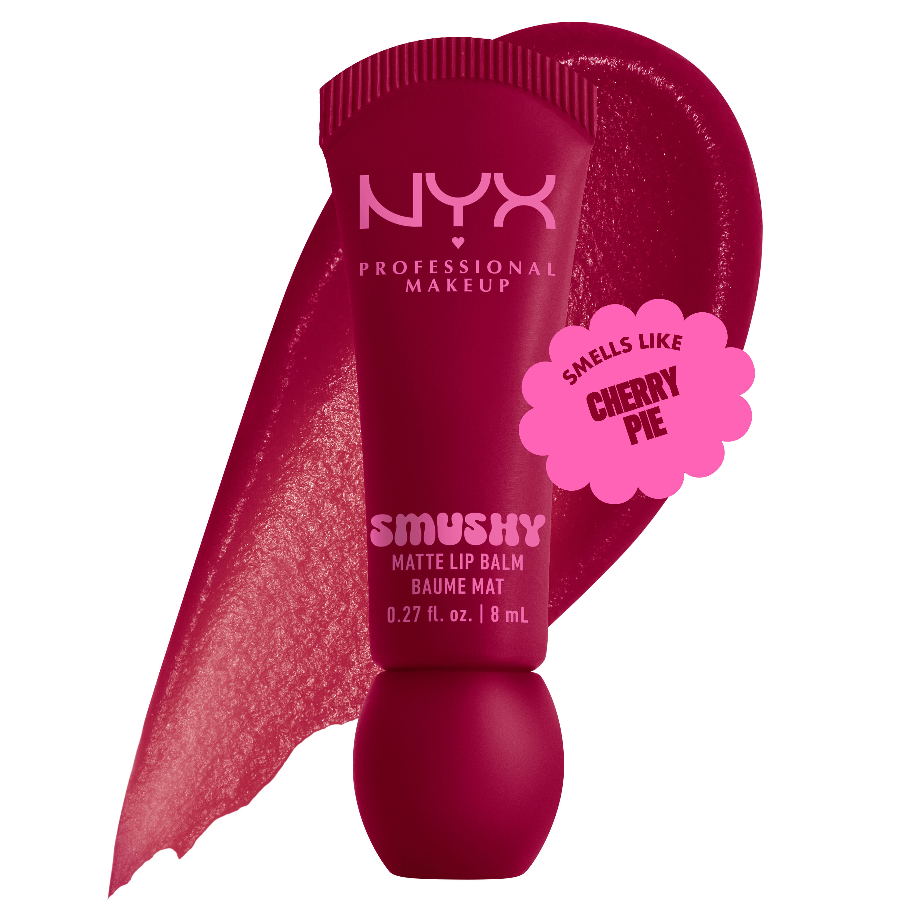 Smushy Matte Lip Balm in cherry red shade, Squeeze N Sizzle, on white background with lip balm color swatch