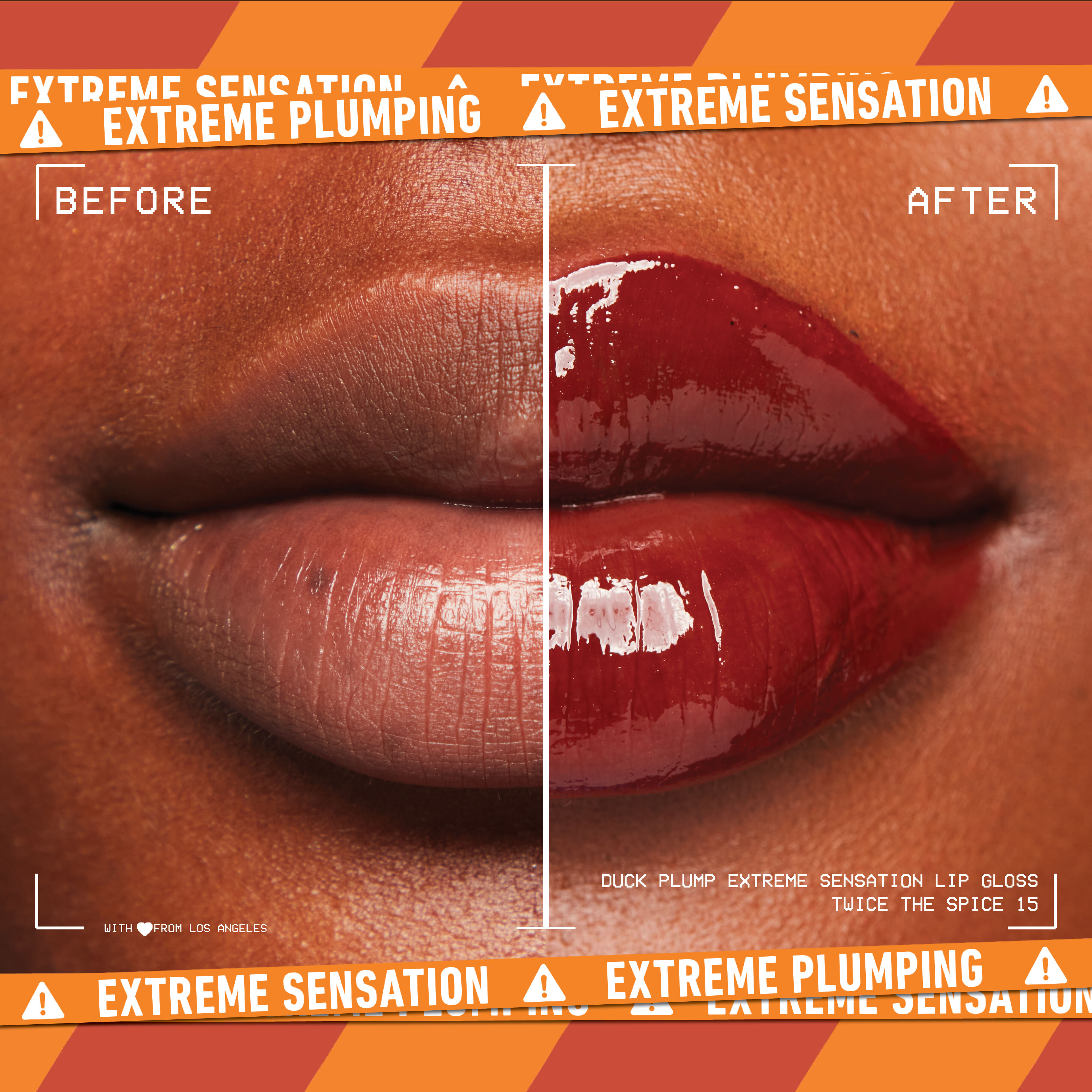 before and after image of lips with Duck Plump Lip Plumping Gloss