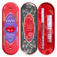 NYX Professional Makeup Bridgerton Royal Treasures 2-Piece Lip Kit tin closed and opened pack showing lip gloss and lip liner inside, displayed on a white background in shade Peony Passion, Cupid's Secret