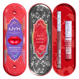 NYX Professional Makeup Bridgerton Royal Treasures 2-Piece Lip Kit tin closed and opened pack showing lip gloss and lip liner inside, displayed on a white background in shade Peony Passion, Cupid's Secret