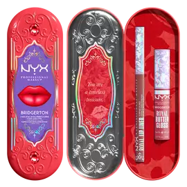 NYX Professional Makeup Bridgerton Royal Treasures 2-Piece Lip Kit tin closed and opened pack showing lip gloss and lip liner inside, displayed on a white background in shade Peony Passion, Cupid's Secret