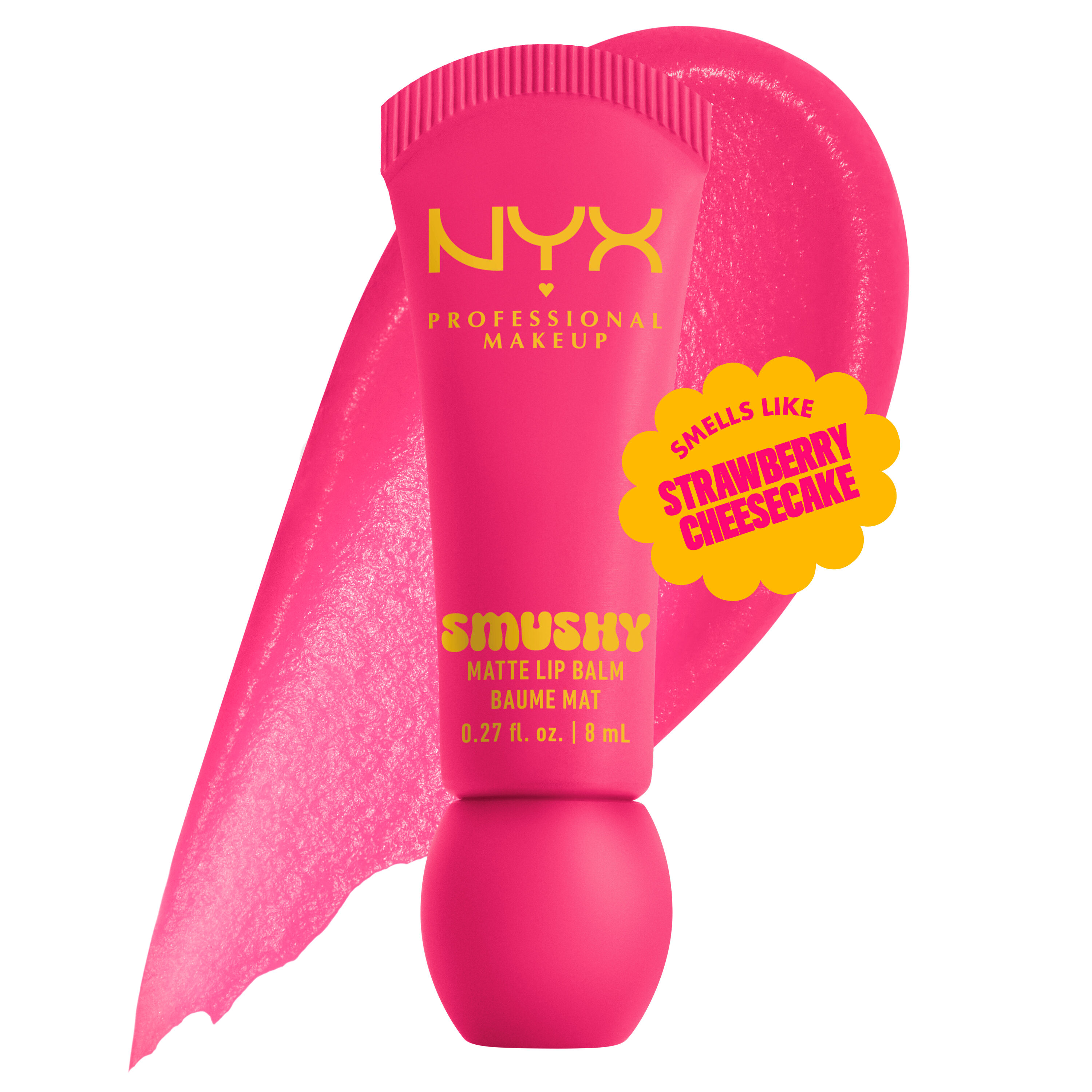 Smushy Matte Lip Balm in mid-tone pink shade, Sweet Smack, on white background with lip balm color swatch