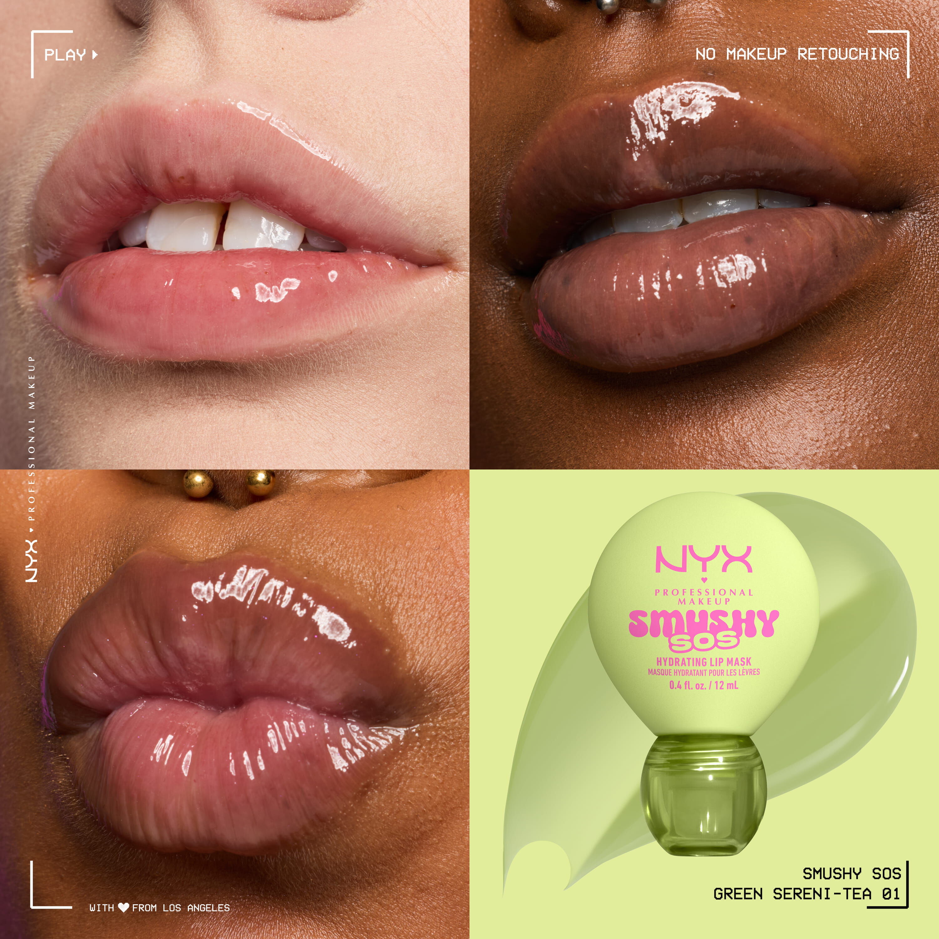 NYX Professional Makeup Smushy SOS tinted lip balm in Green Sereni-Tea, a clear green tint, on three skin tones