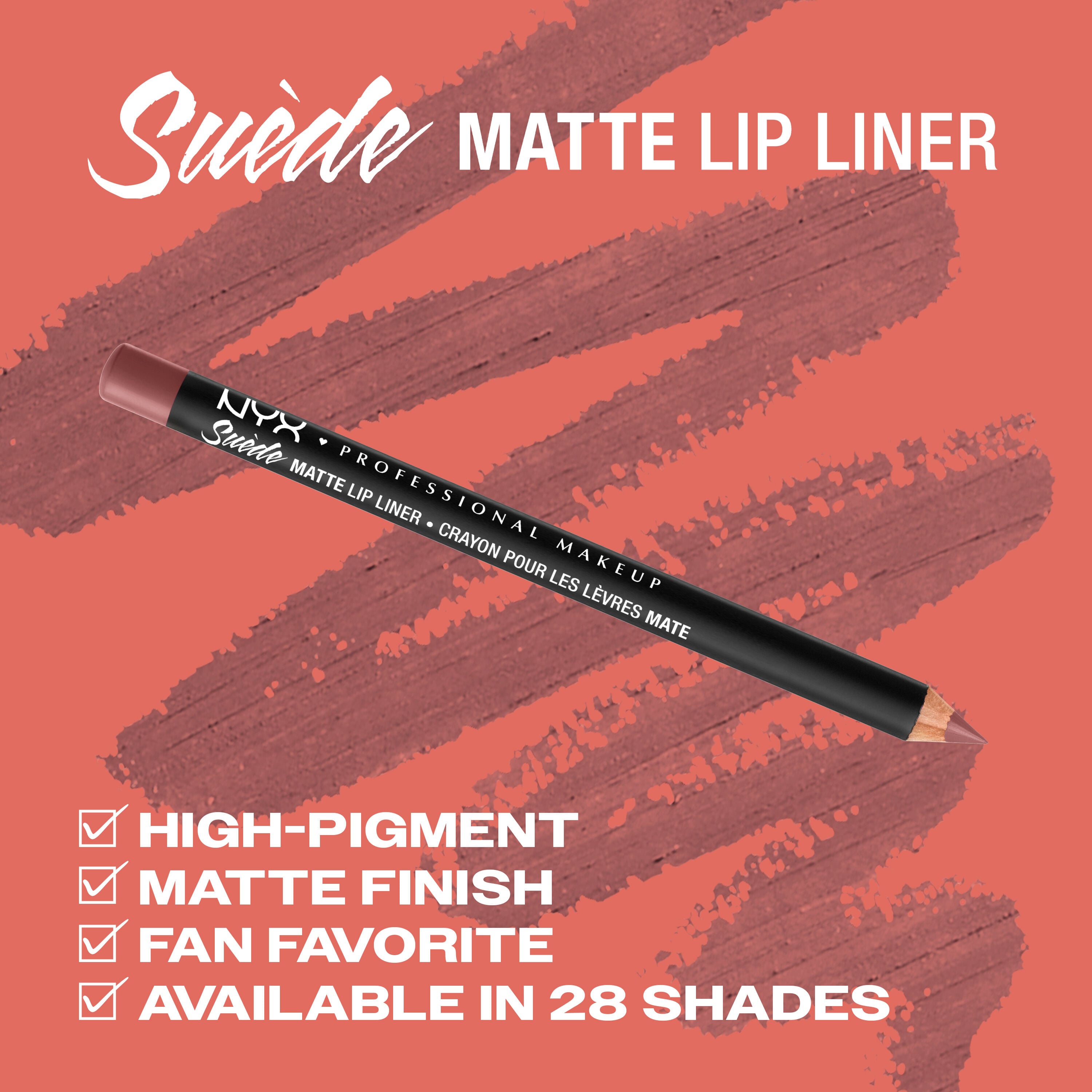 NYX Professional Makeup Suede Matte Lip Liner in 25 Whipped Caviar shown with high-pigment, matte finish, fan favorite and available in 28 shades benefits.