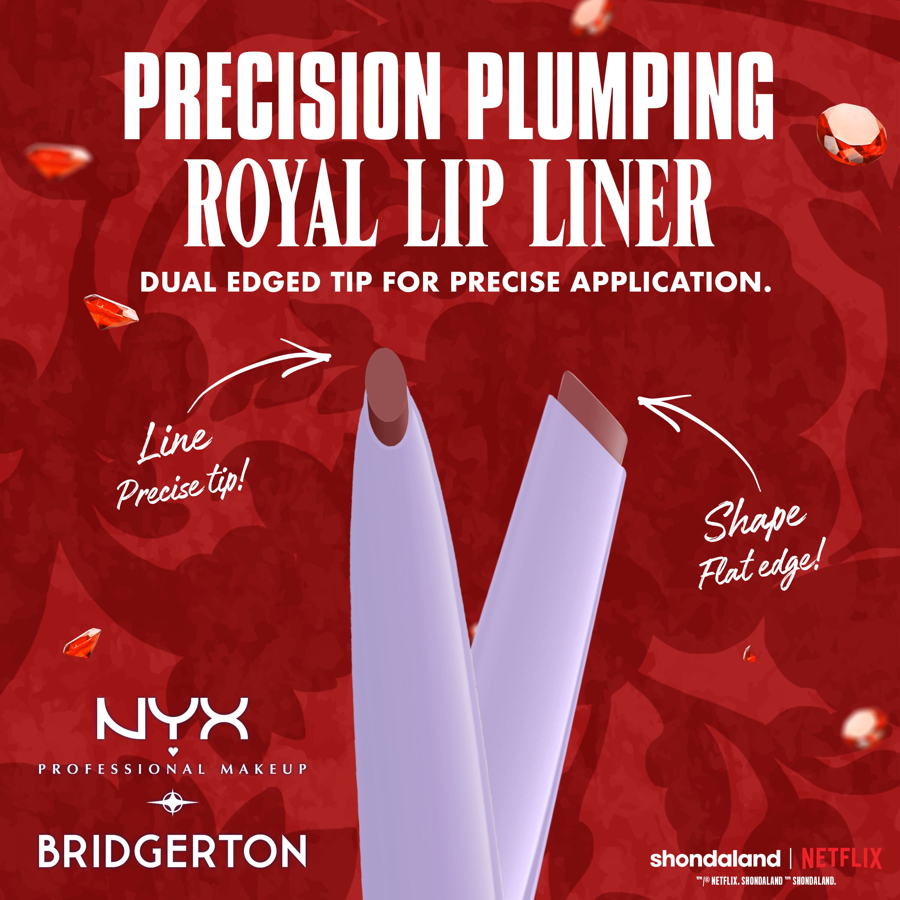 NYX Precision Duck Plump Plumping Royal Lip Liner shown with dual-ended tips, featuring benefits for precise application and shaping in shade Peony Passion, Cupid's Secret