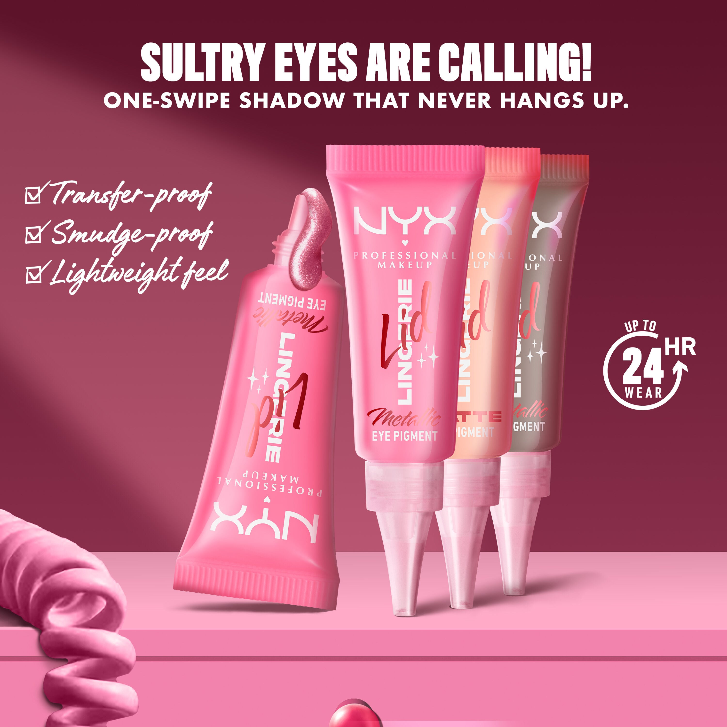 Four NYX Professional Makeup Lid Lingerie cream eyeshadow tubes staged alongside claims for up to 24-hour wear, transfer-proof, smudge-proof, and lightweight feel.
