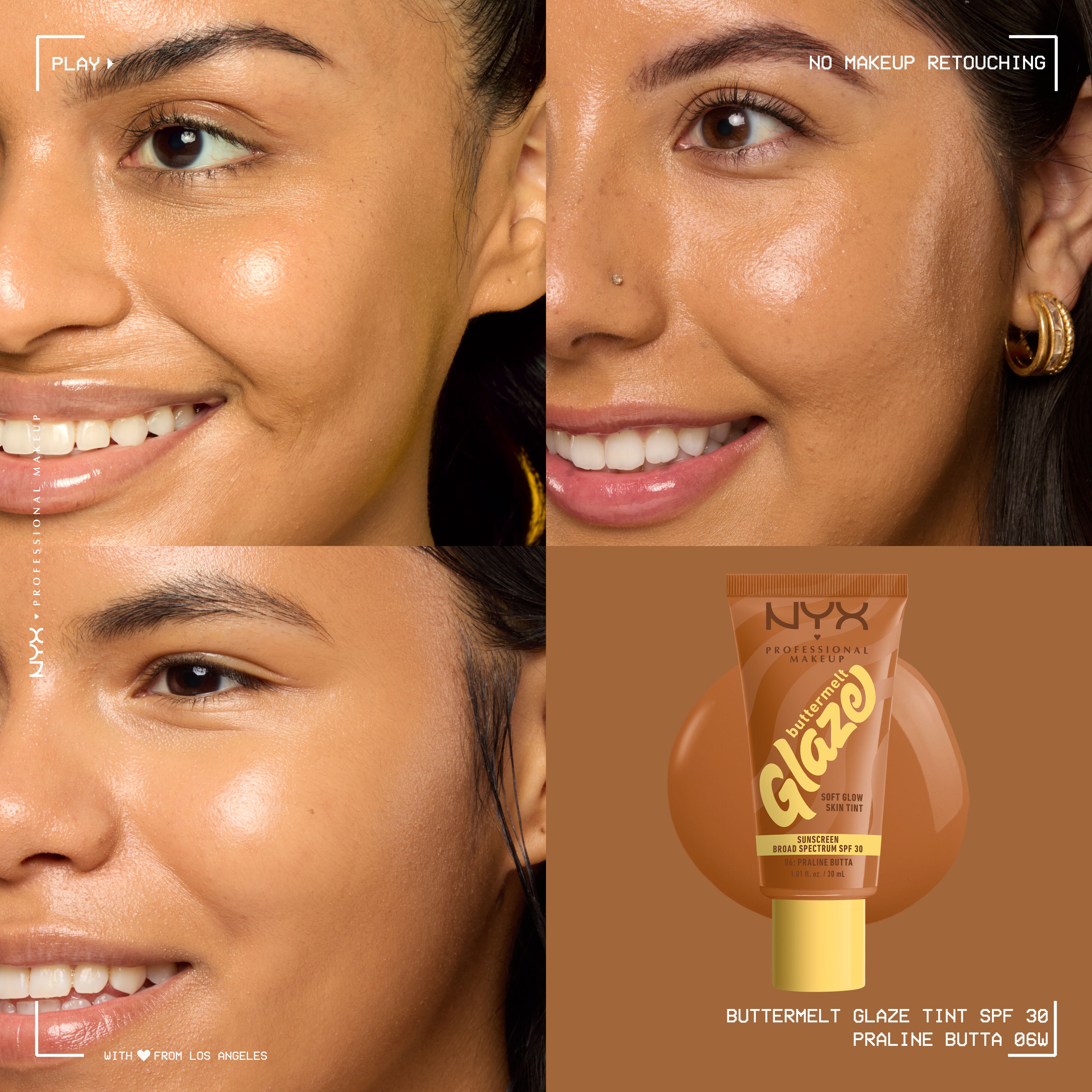 closeups of three models wearing Buttermelt Glaze Skin Tint with SPF 30 with bottle