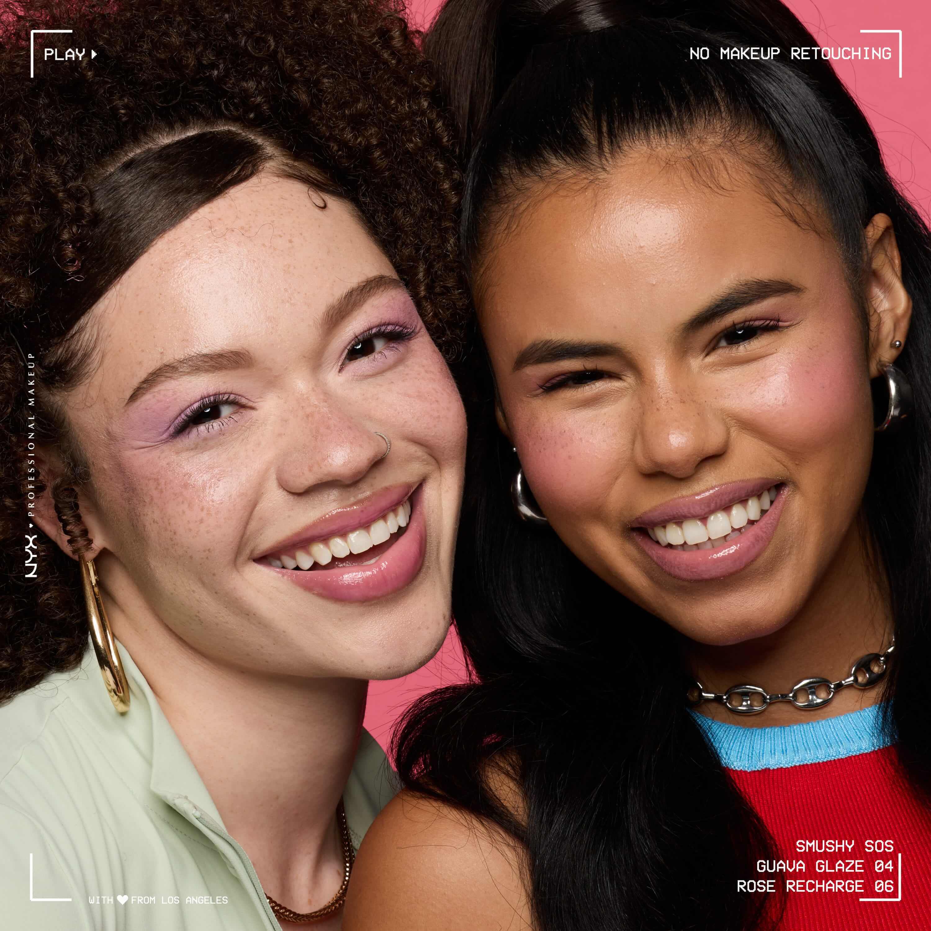 Two models wearing NYX Professional Makeup Smushy SOS tinted lip balm in Guava Glaze and Rose Recharge with glossy pink lips