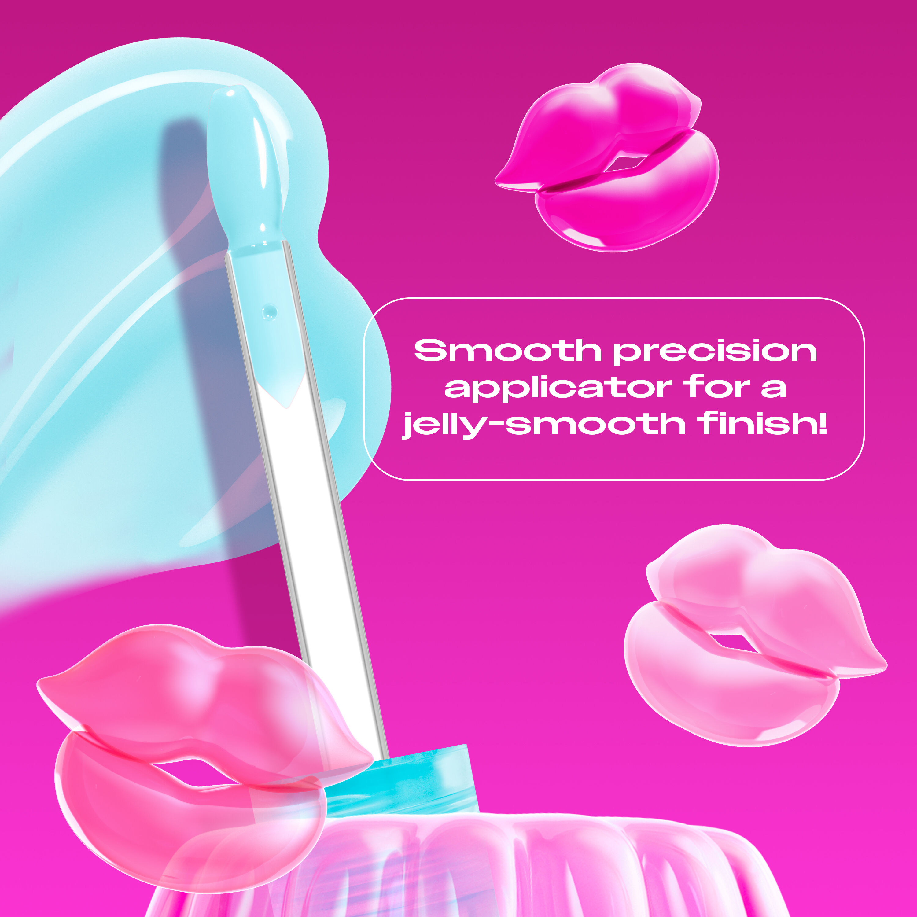 Jelly Job Lip Gloss applicator & swatch in shade 'Jelly Frost', with text on precision applicator for smooth lip finish  