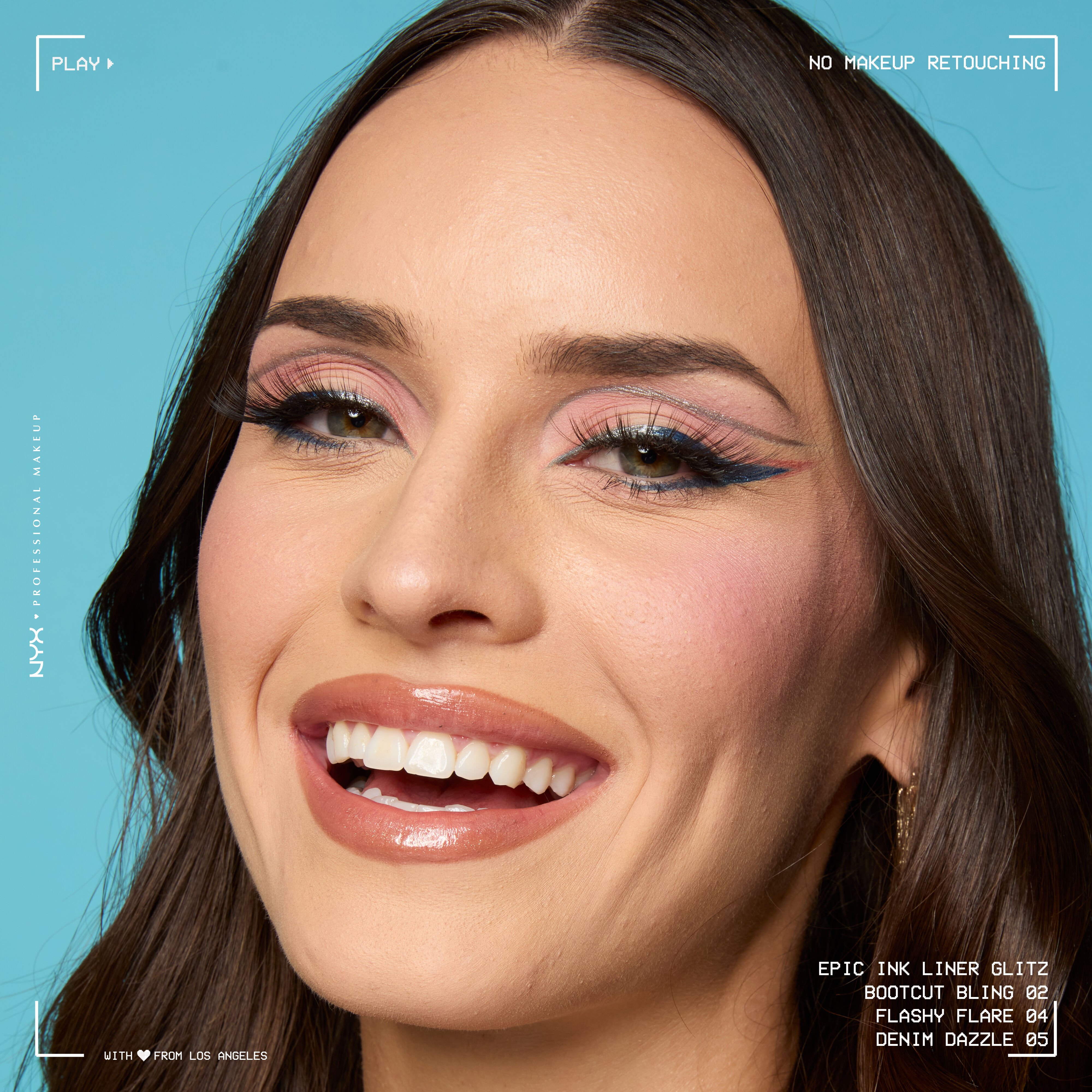 Smiling model wearing Epic Ink Liquid Liner in Bootcut Bling, Flashy Flare, & Denim Dazzle in a graphic liner look