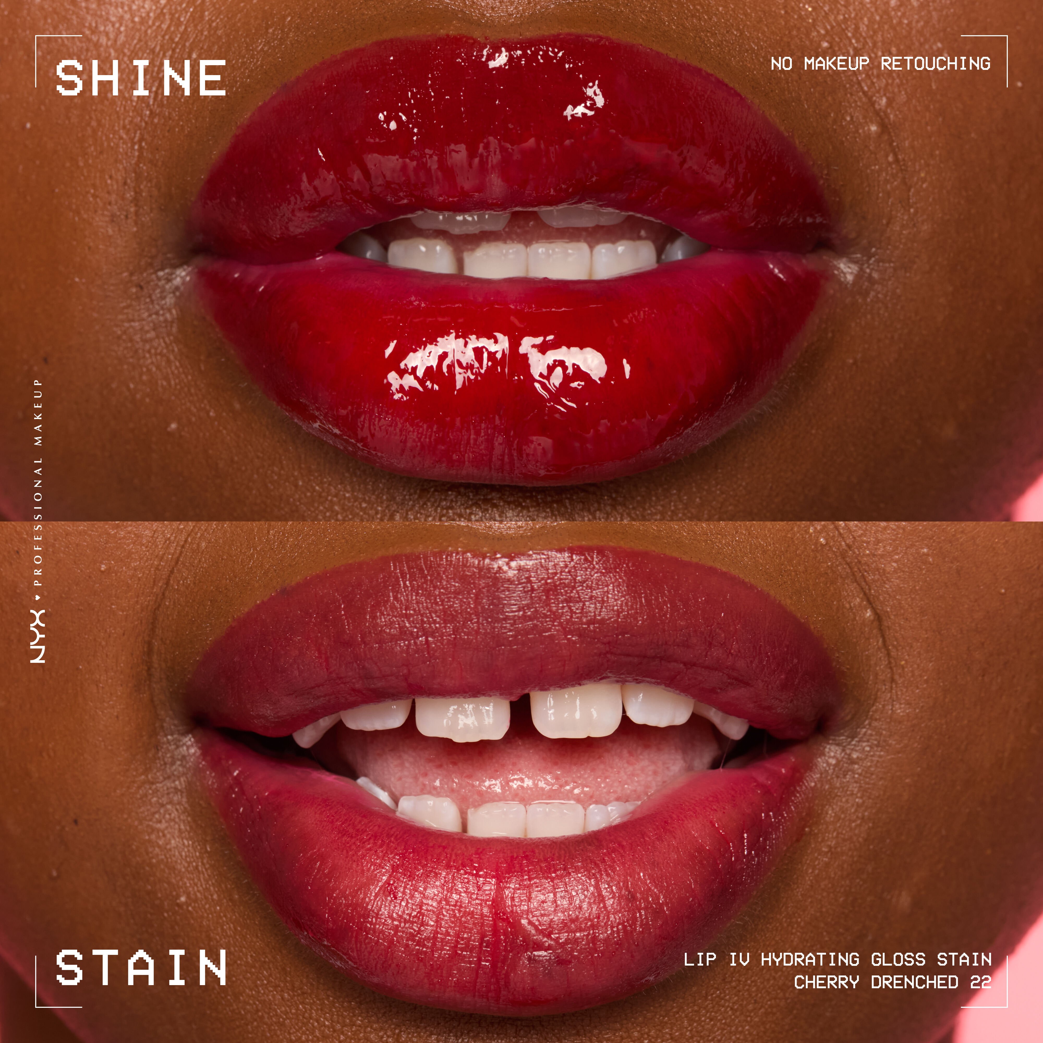 Comparison of lips when glossy from Lip I.V. Hydrating Lip Gloss Stain versus after staining labeled "Shine" and "Stain."