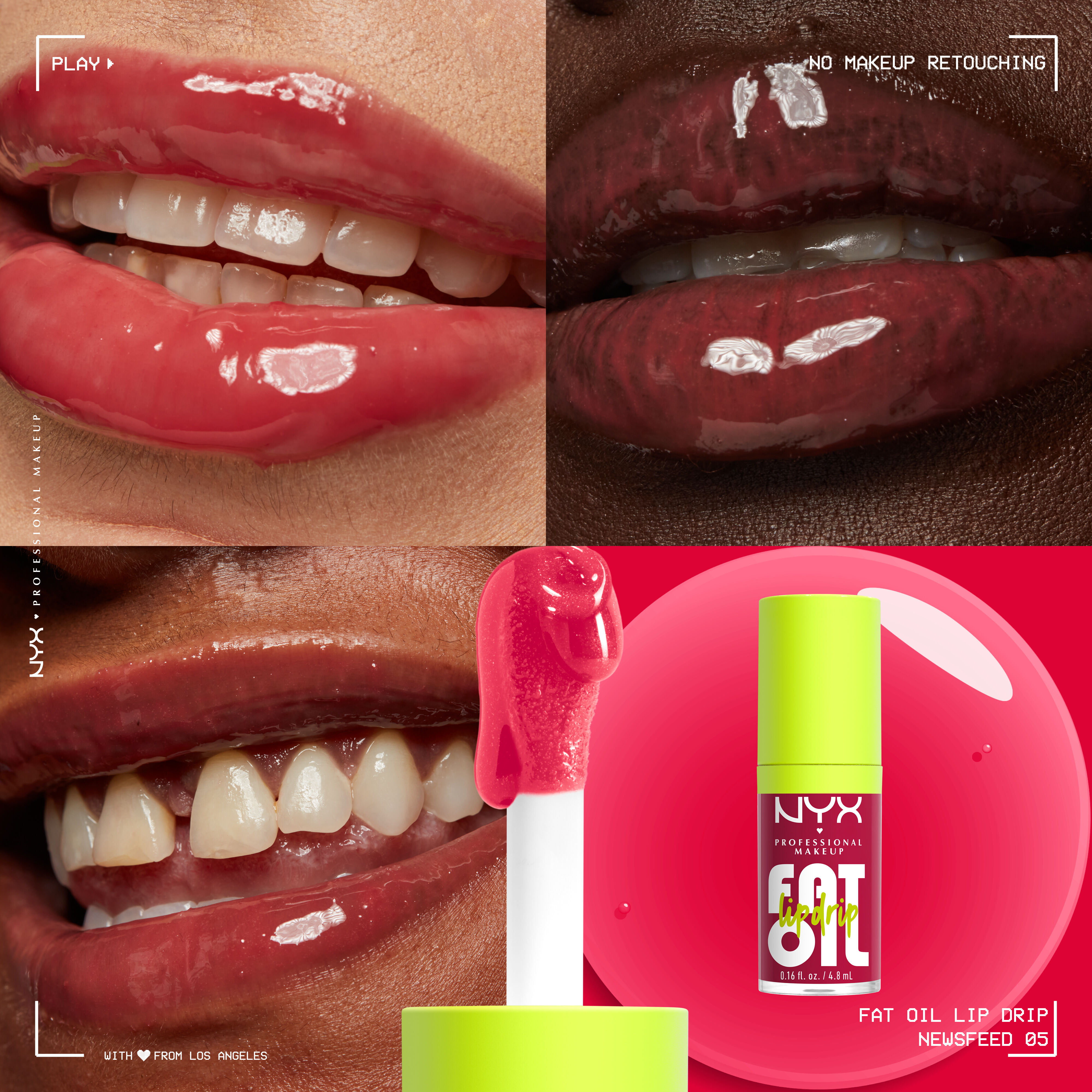 Fat Oil Lip Drip Lip Oil in shade Newsfeed on three different skin tones