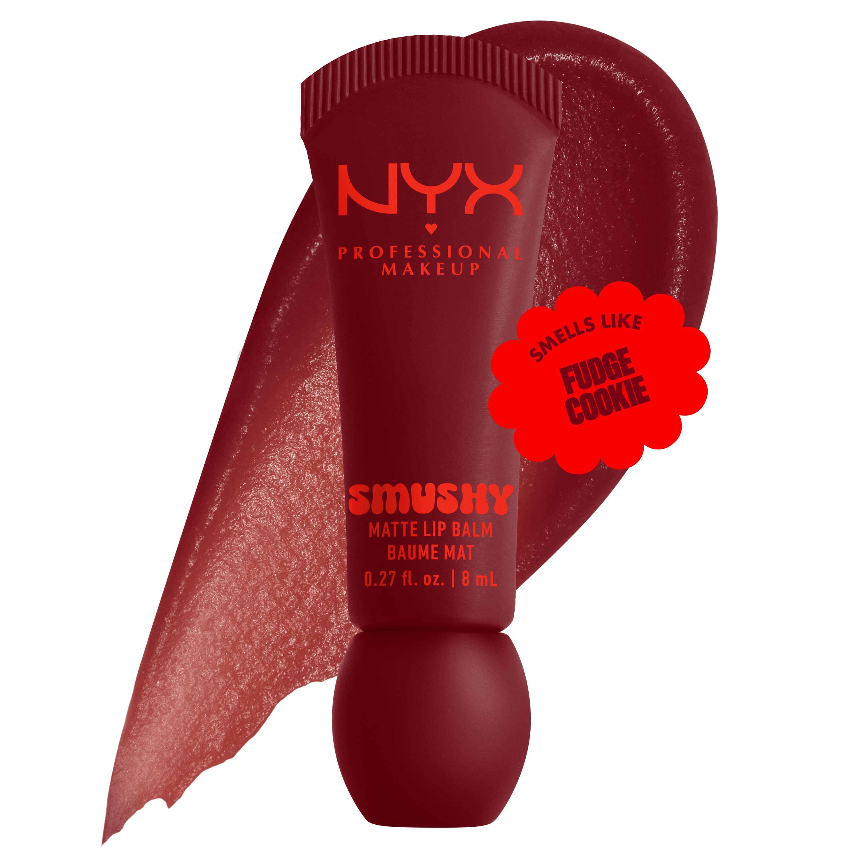 Smushy Matte Lip Balm in cherry cola brown shade, Swipe 2 Smooth on white background with lip balm color swatch