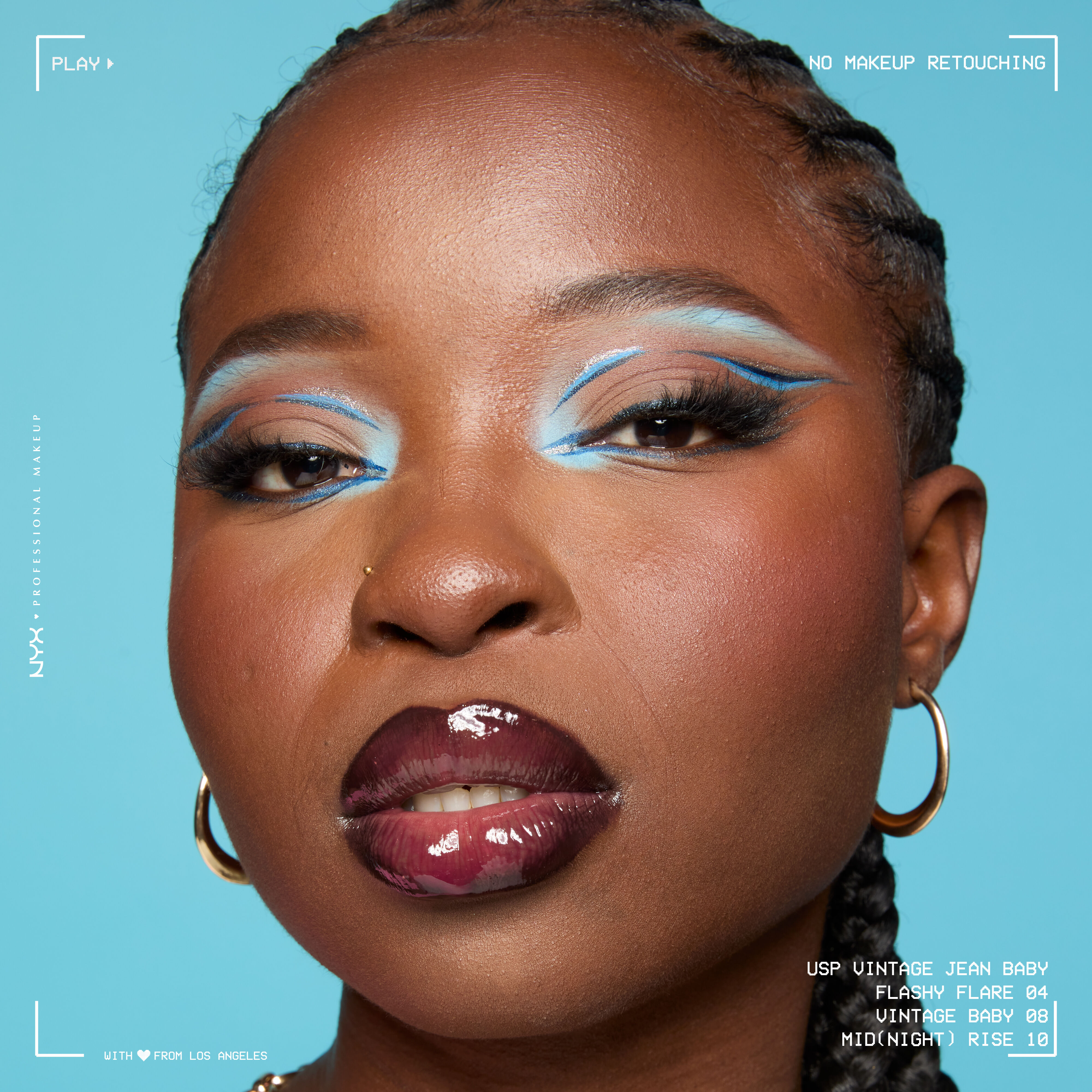 Model wearing Ultimate Shadow Palette Vintage Jean Baby & Epic Ink Liner in Flashy Flare, Vintage Babe, & Midnight Rise