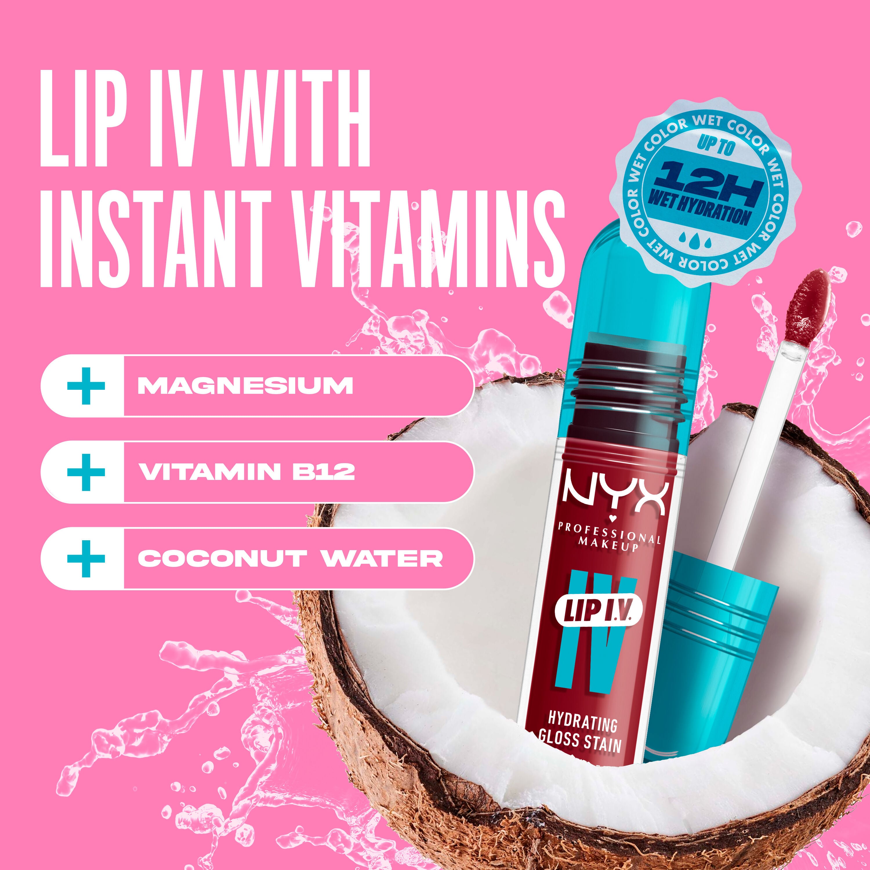 Lip I.V. Hydrating Gloss Lip Stain in a coconut with text "Lip I.V. with Instant Vitamins"