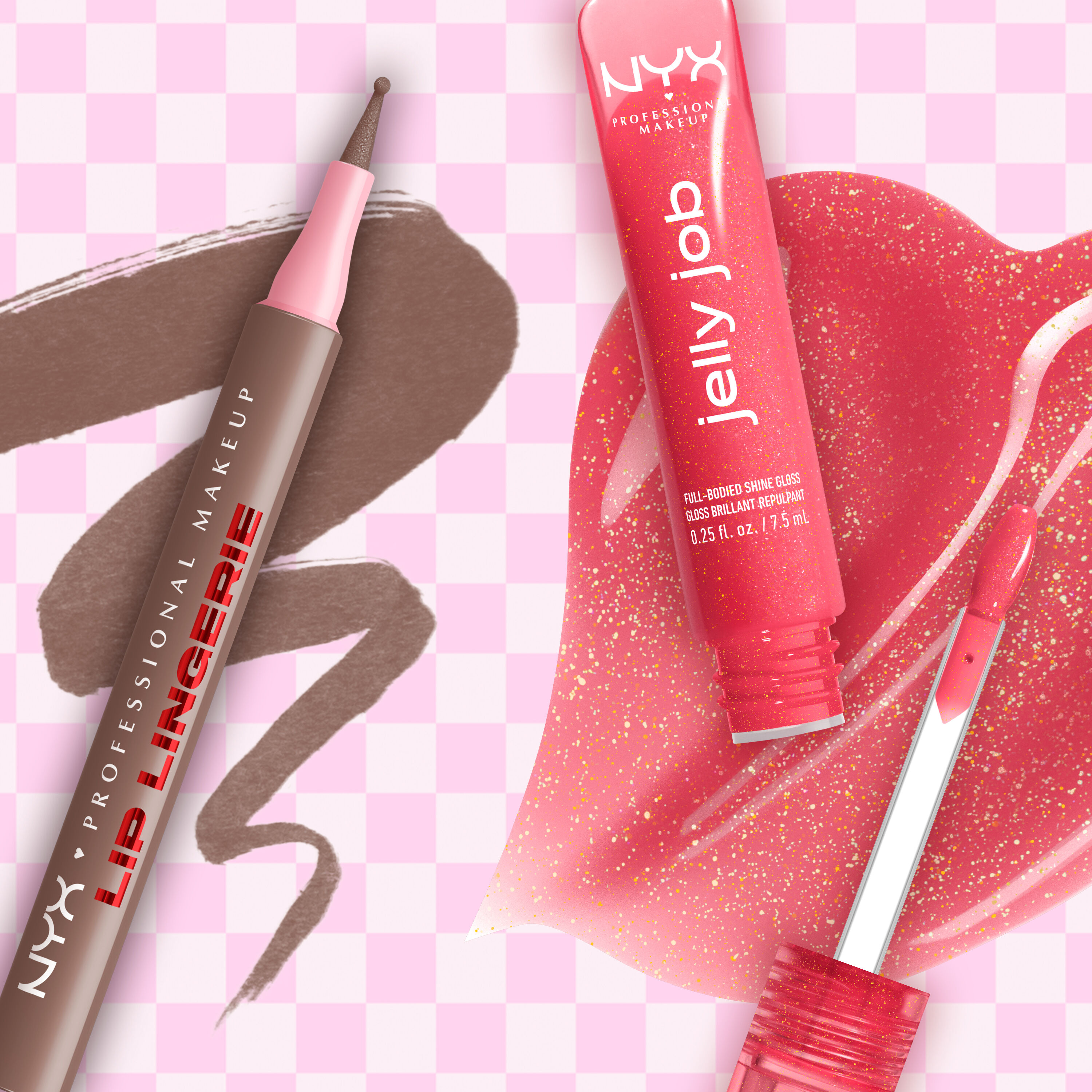 NYX Professional Makeup Lip Lingerie Lip Liner Stain in 05 Lip Lock and Jelly Job Full Bodied Shine Gloss in 08 Jelly Kiss’d displayed in a flatlay with swatches on a pink check background.