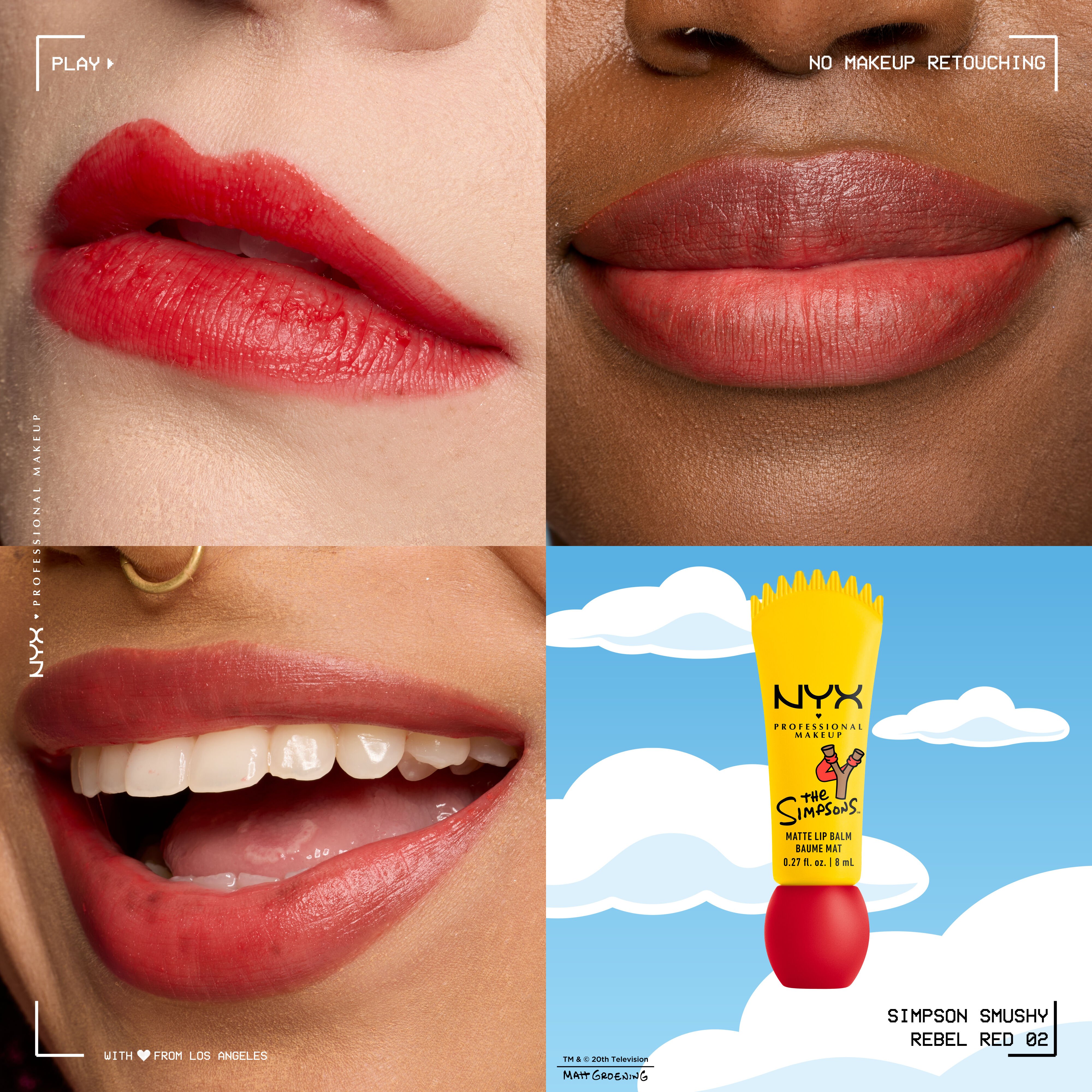 NYX Professional Makeup The Simpsons Smushy Matte Lip Balm shade grid showing red swatch on lips with packaging in shade 02 Rebel Red
