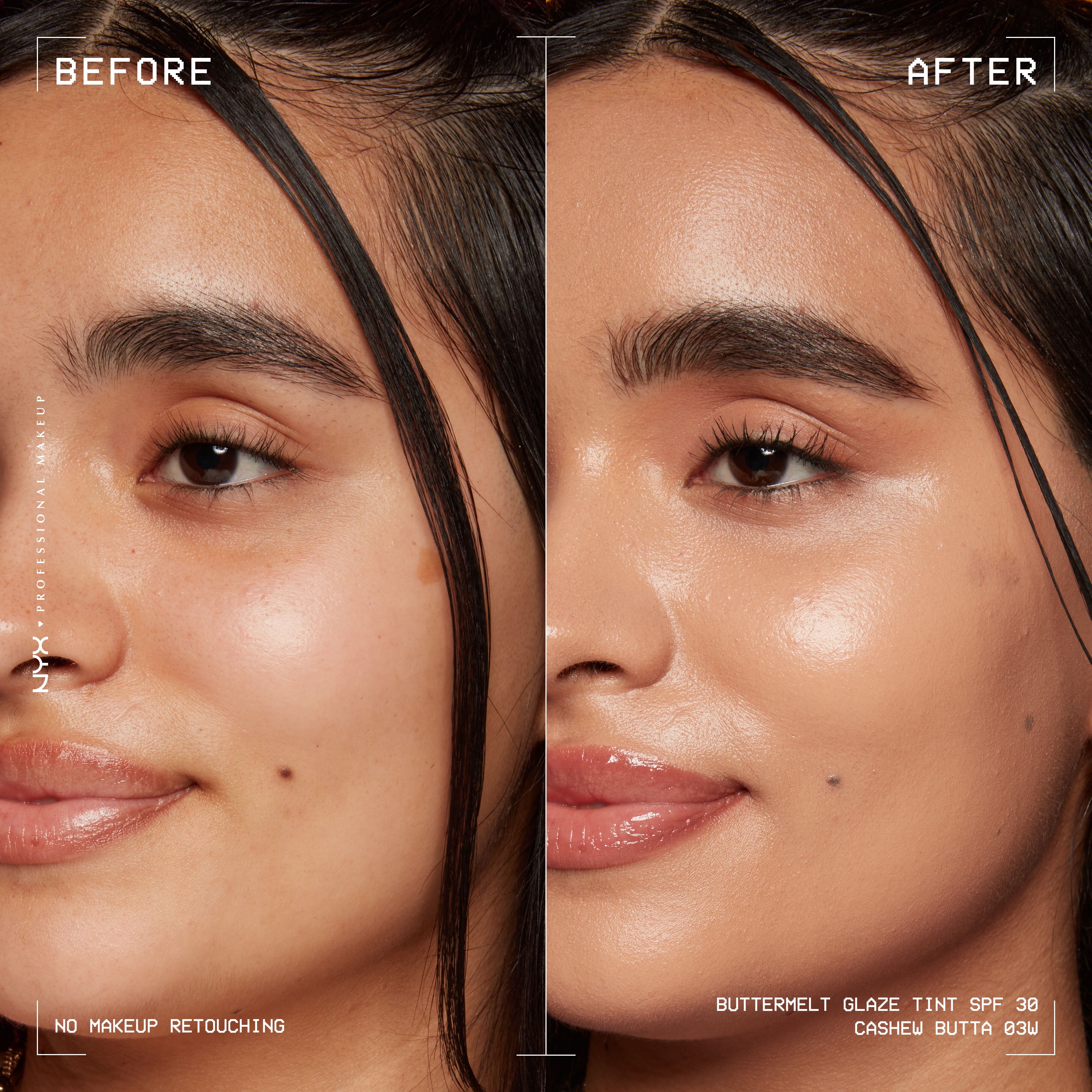before and after images of person wearing Buttermelt Glaze Skin Tint with SPF 30