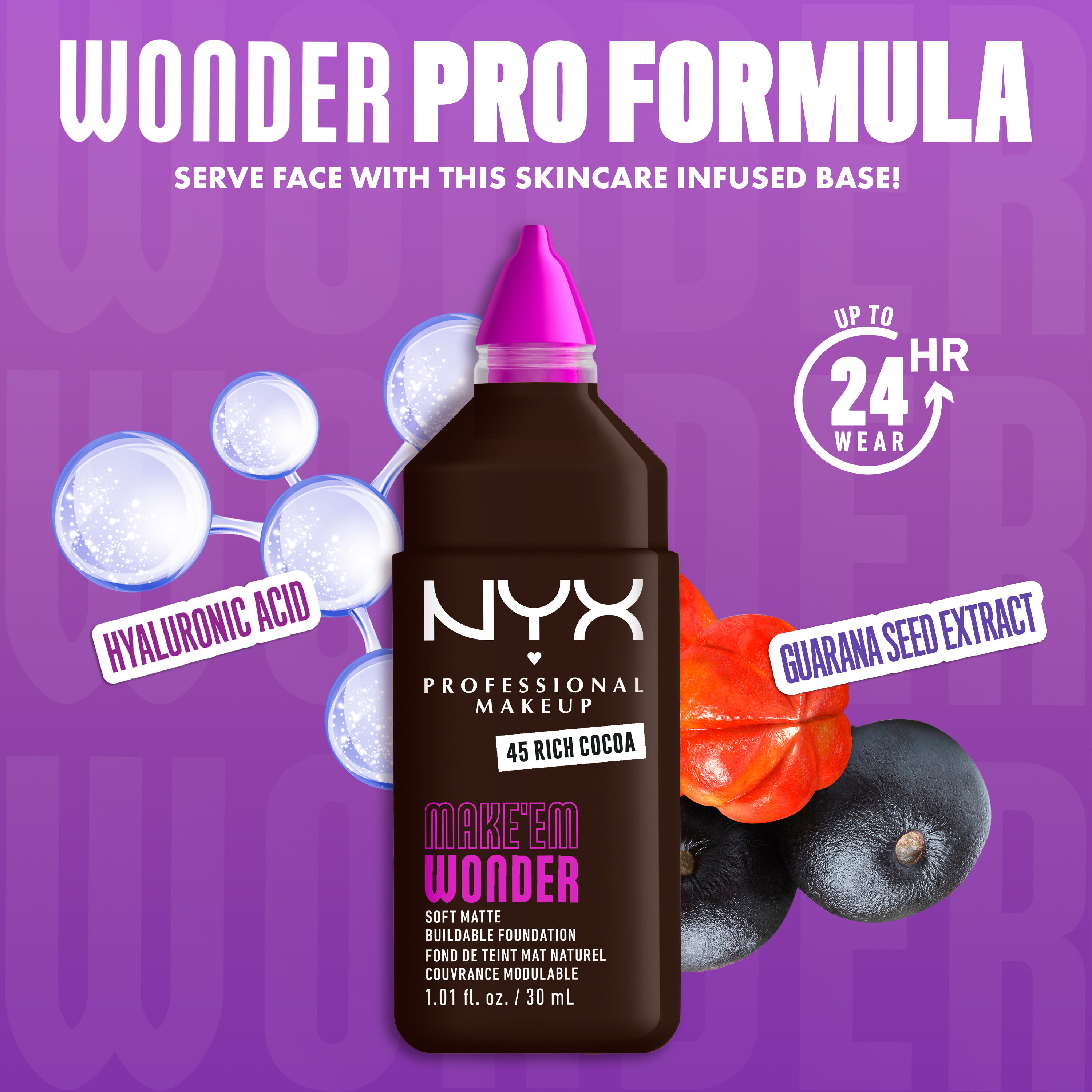 NYX Make ’Em Wonder Foundation with hyaluronic acid and guarana seed extract, shade 45 Rich Cocoa