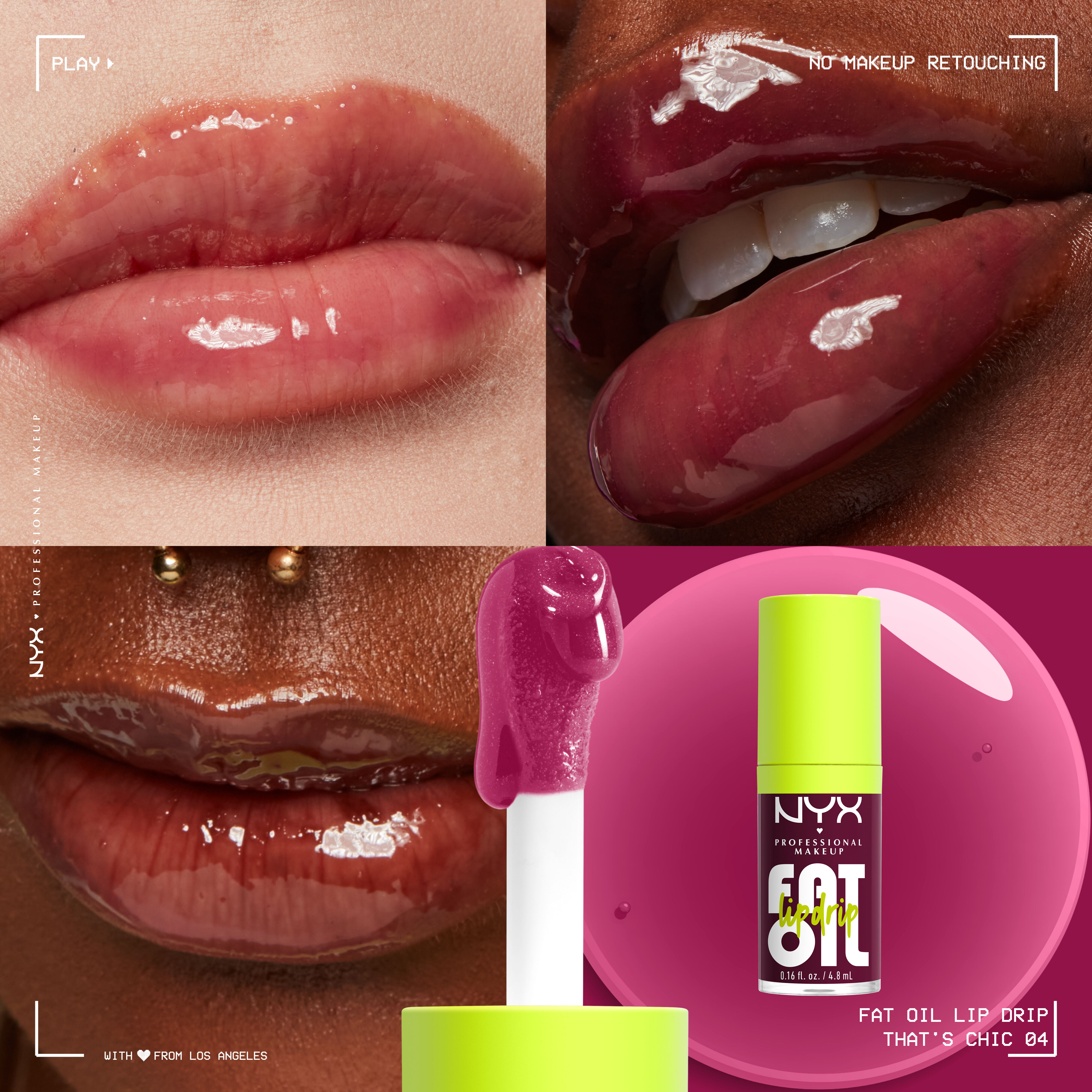 Fat Oil Lip Drip Lip Oil in shade That's Chic on three different skin tones