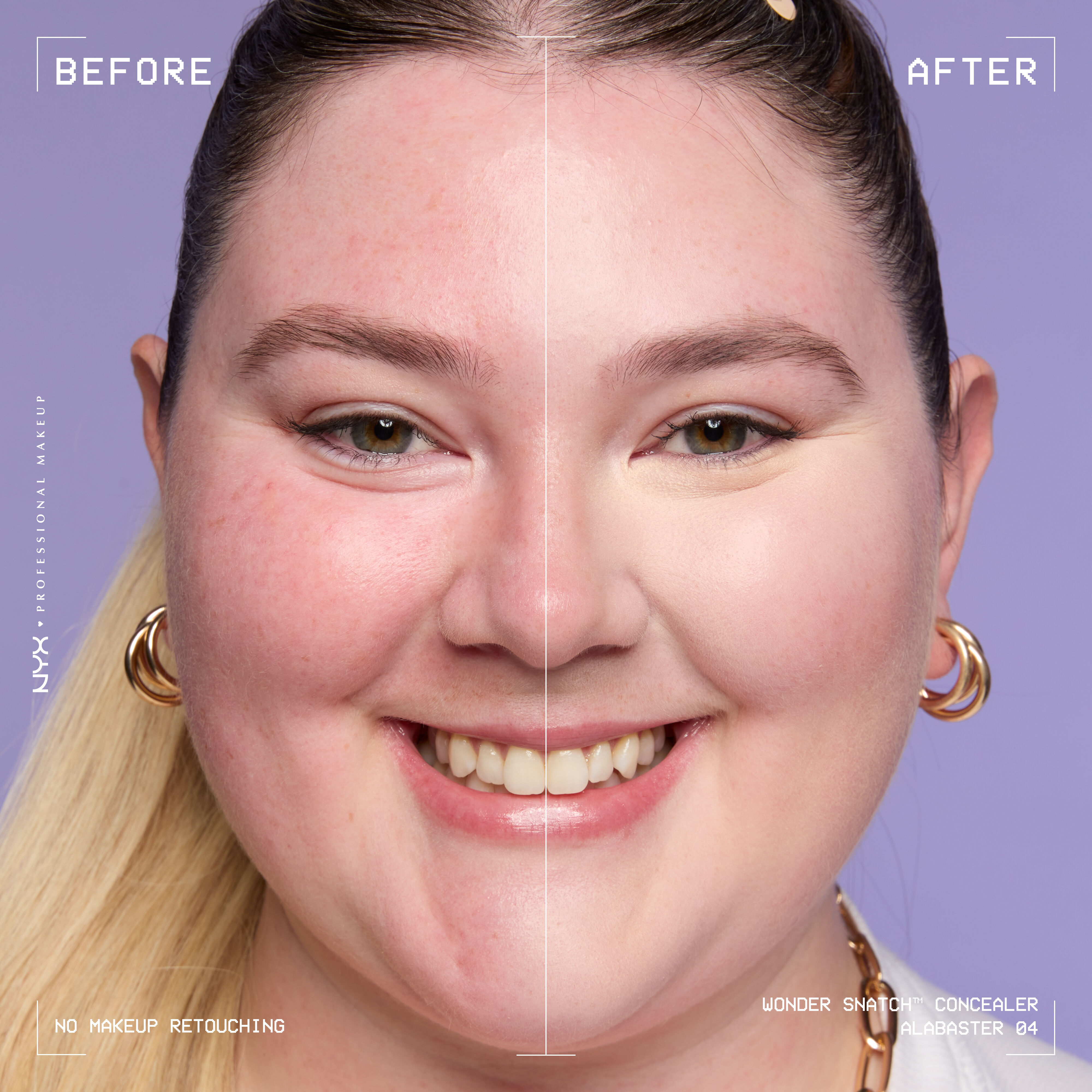 Before-and-after comparison of model wearing Wonder Snatch(TM) Concealer, showing brighter under-eyes and smoother-looking skin.