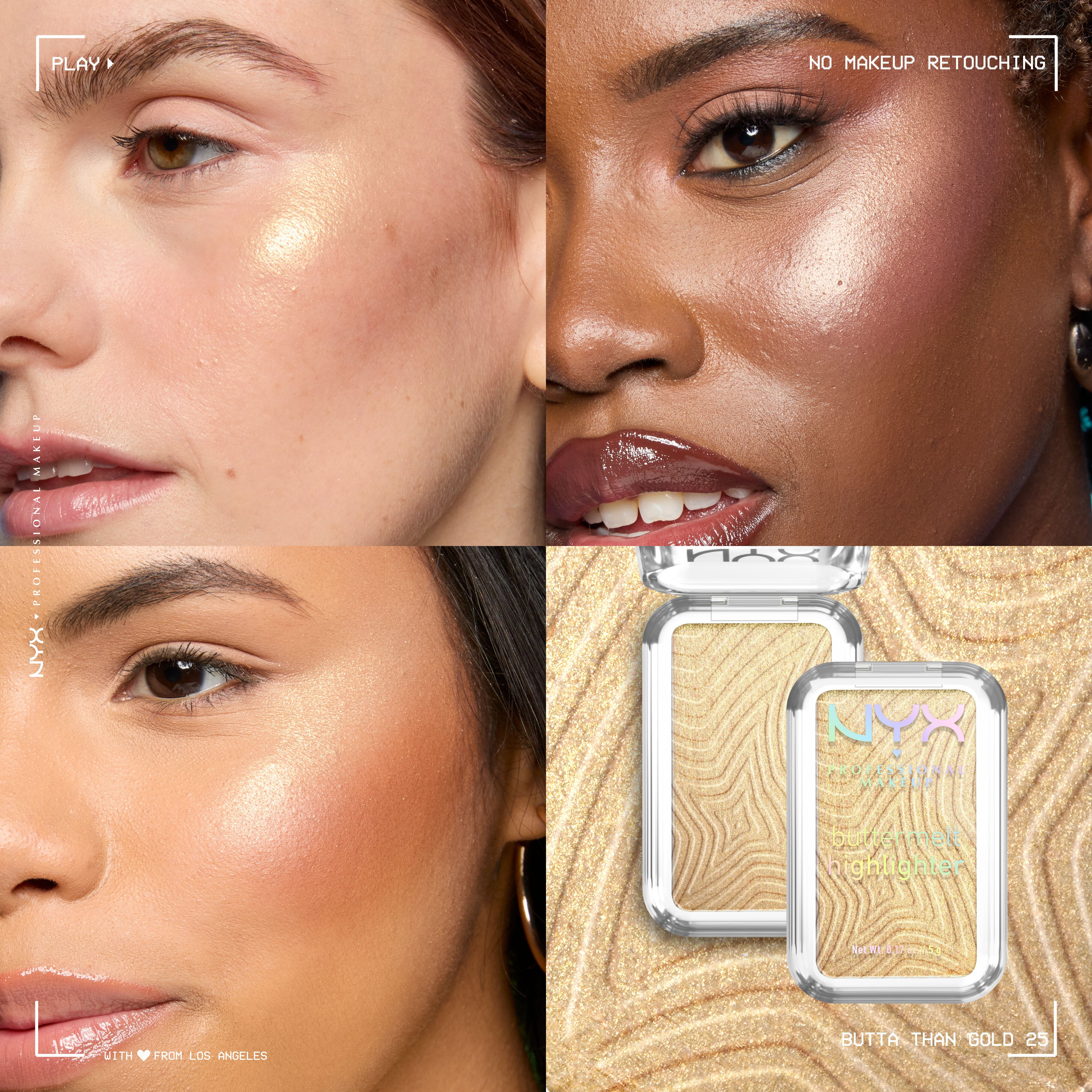 A collage with 3 models with different skintones wearing Buttermelt Highlighter in shade Butta Than Gold and a packshot