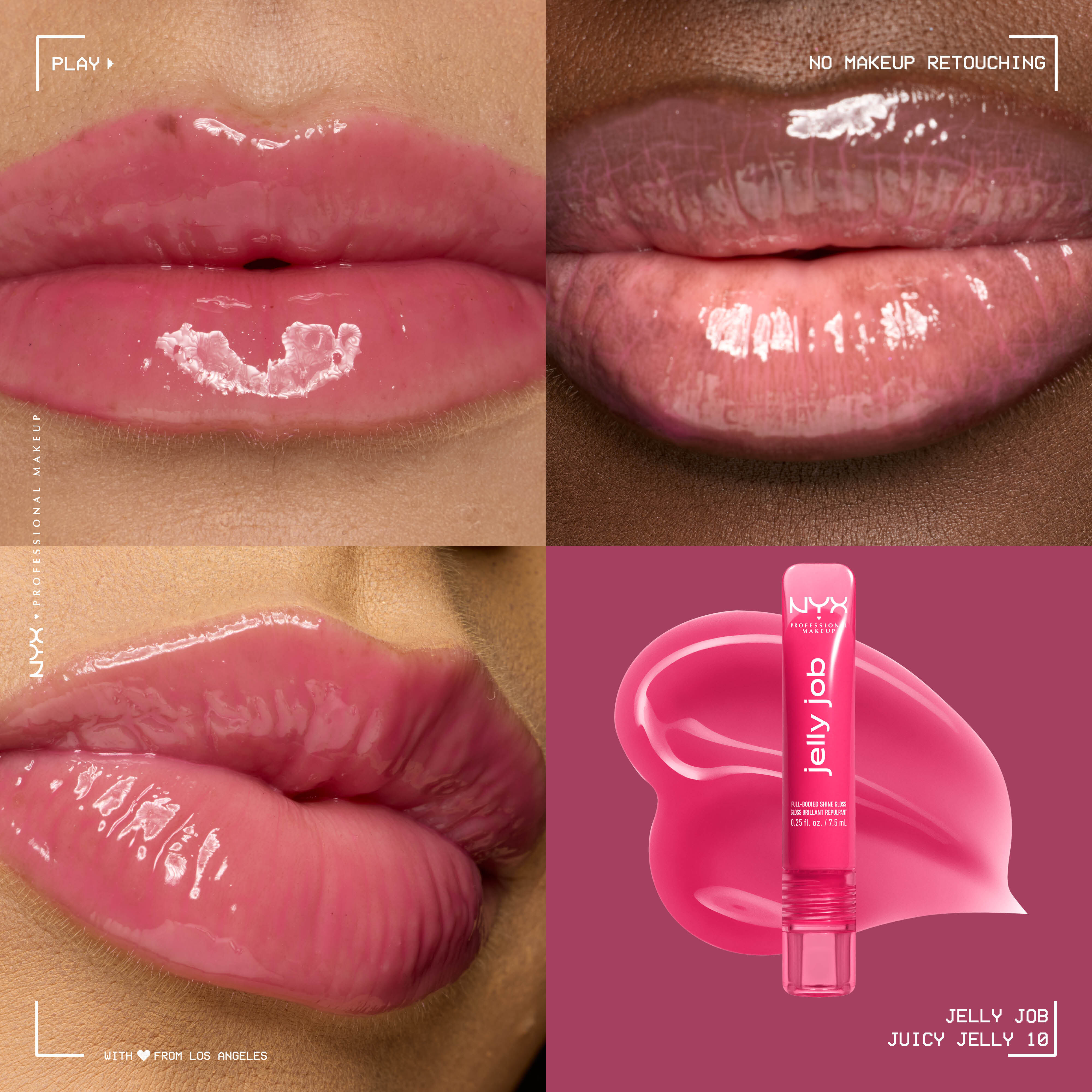 Close up of 3 models with varying skin tones wearing Jelly Job Jelly Lip Gloss in shade 'Juicy Jelly', a bright pink color