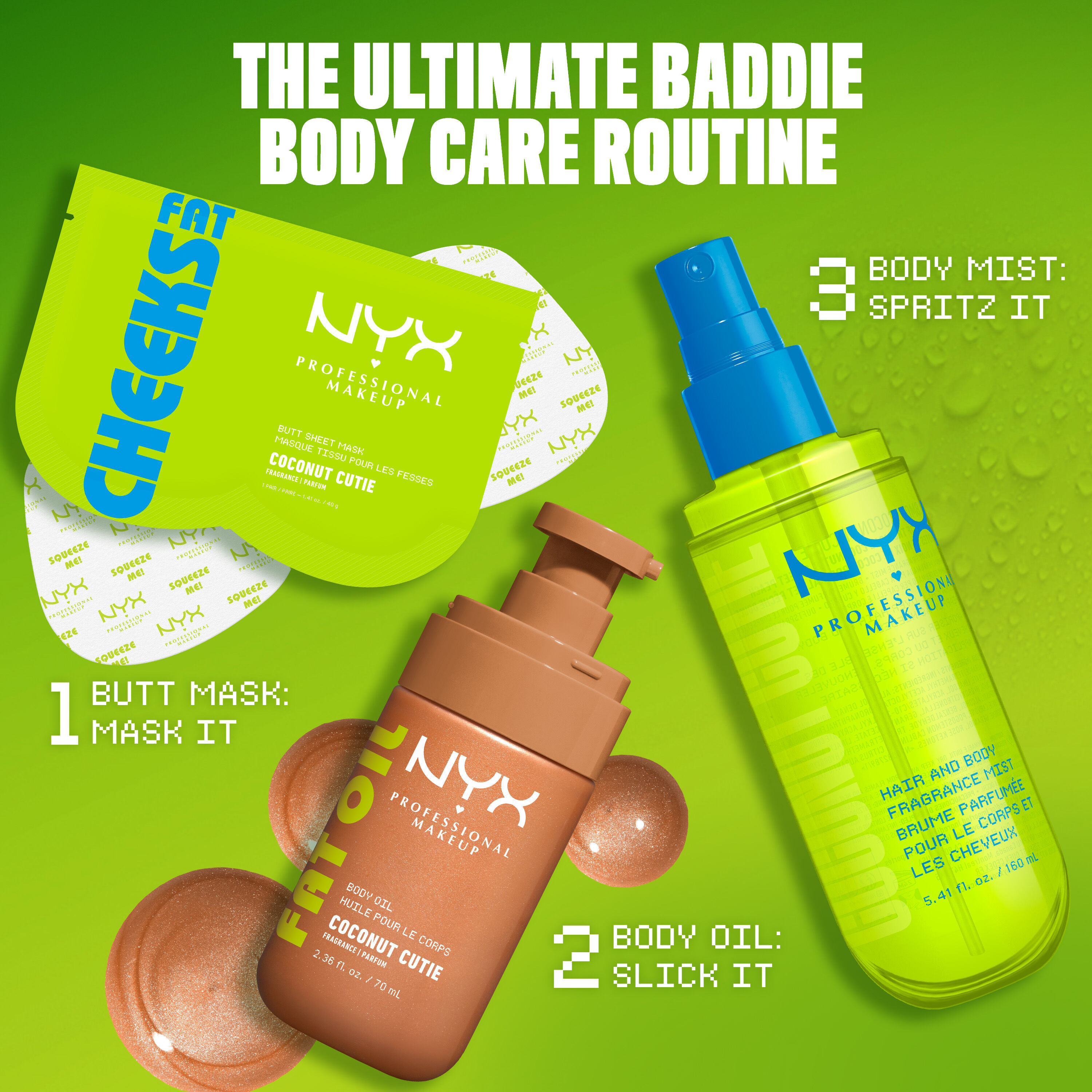 The Ultimate Baddie Body Care Routine- routine infographic on lime green background with Coconut Cutie products.