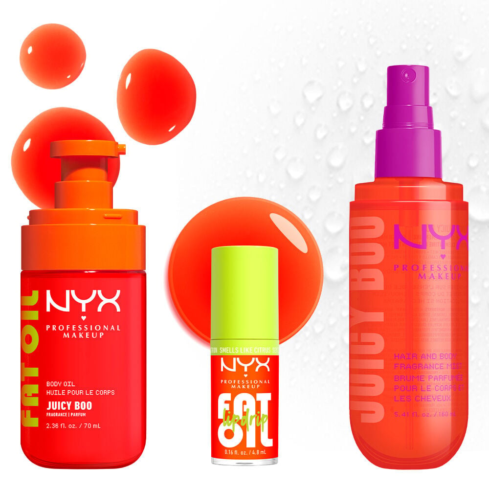 Three NYX Professional Makeup Juicy Boo products on a light background with glossy orange and clear bubbles: Fat Oil body oil, hair & body fragrance mist, and Fat Oil Lip Drip with a lime green cap.
