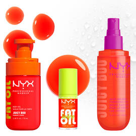 Three NYX Professional Makeup Juicy Boo products on a light background with glossy orange and clear bubbles: Fat Oil body oil, hair & body fragrance mist, and Fat Oil Lip Drip with a lime green cap.